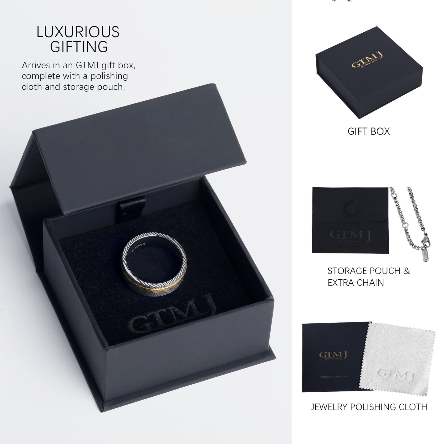 Damascus Steel Ring with A Gold-plated Strip Hammered Finish 316L Stainless Steel