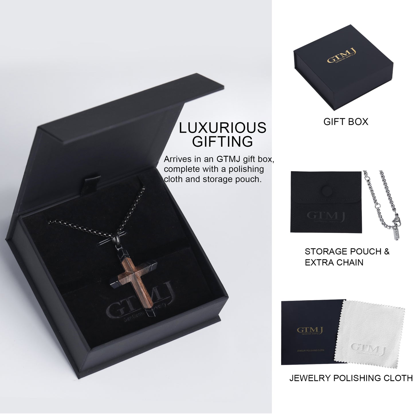 GTMJ Wooden Cross Necklace for Men -Black Ebony Stainless Steel Adjustable Box Chain 24-26in, Spiritual Jewelry Gift for Him, Everyday Wear