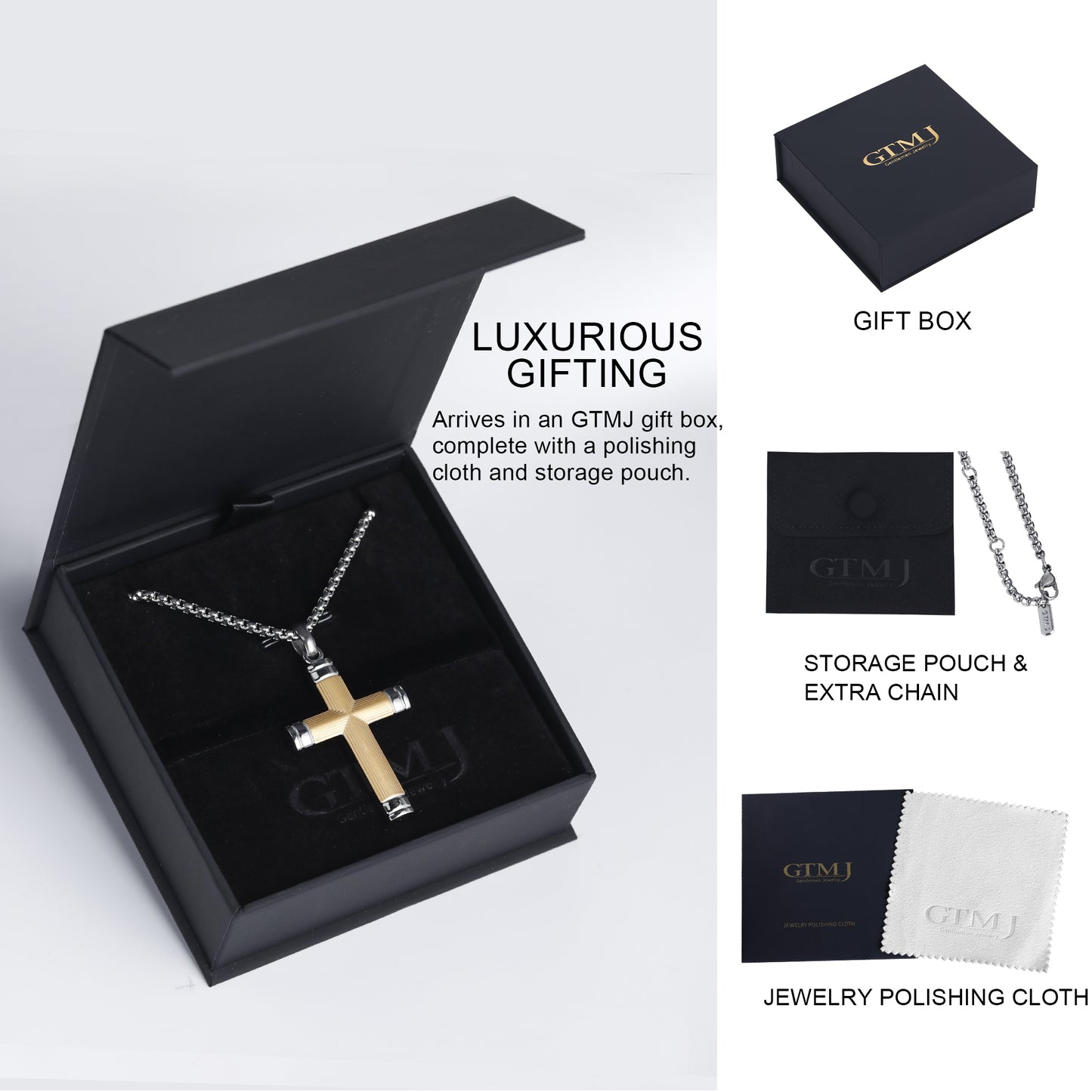 GTMJ Men's Cross Pendant Necklace Set - 316L Stainless Steel & Natural Wood,  24"+2" & 20"+2" Adjustable Box Chains, Luxury Gift Box (Ebony/Bubinga/Gold&Steel)