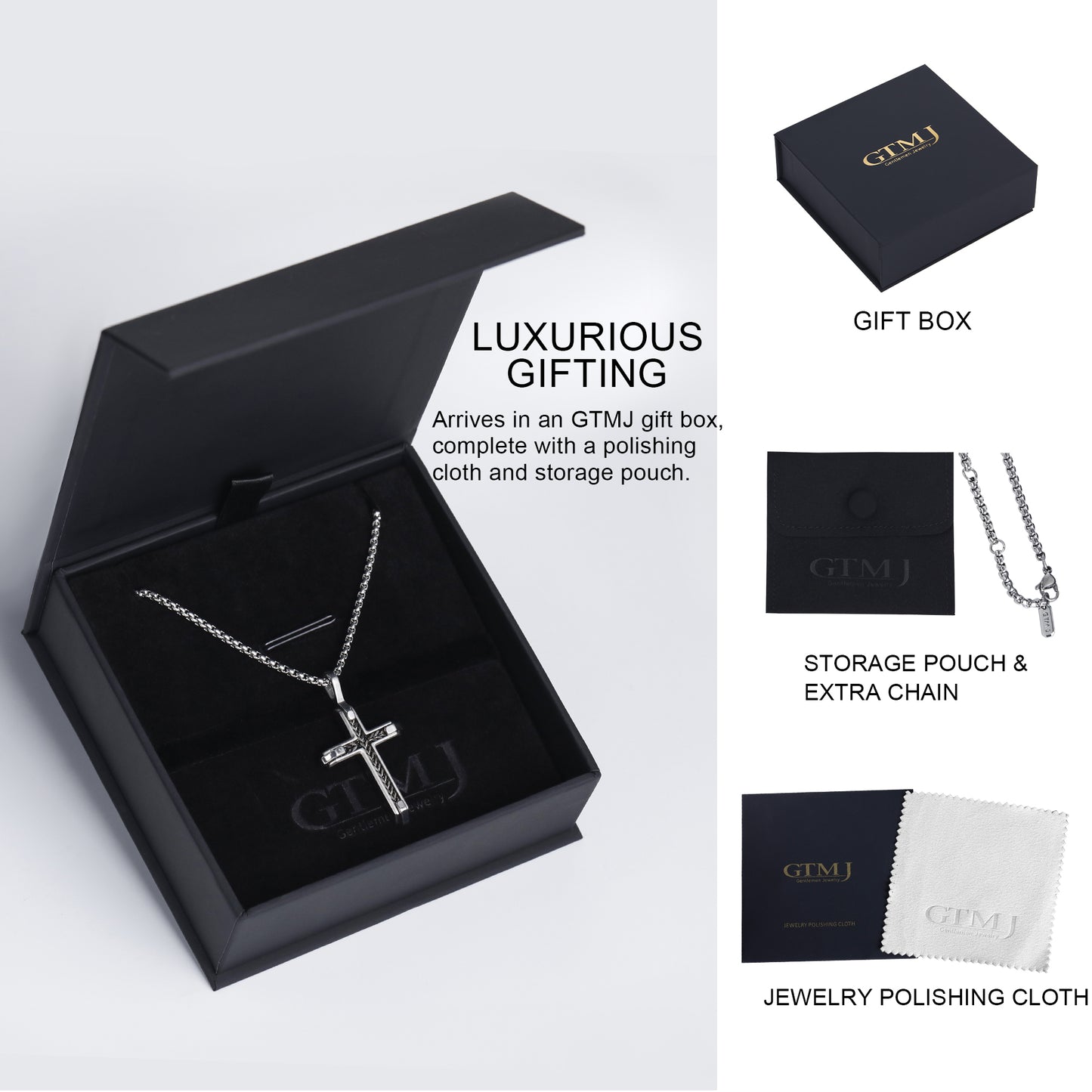 GTMJ Men's 316L Stainless Steel Cross Pendant Necklace - Black Franco Chain Link Inlay, 24"+2" & 20"+2"Adjustable Box Chain, Christian Gift Set