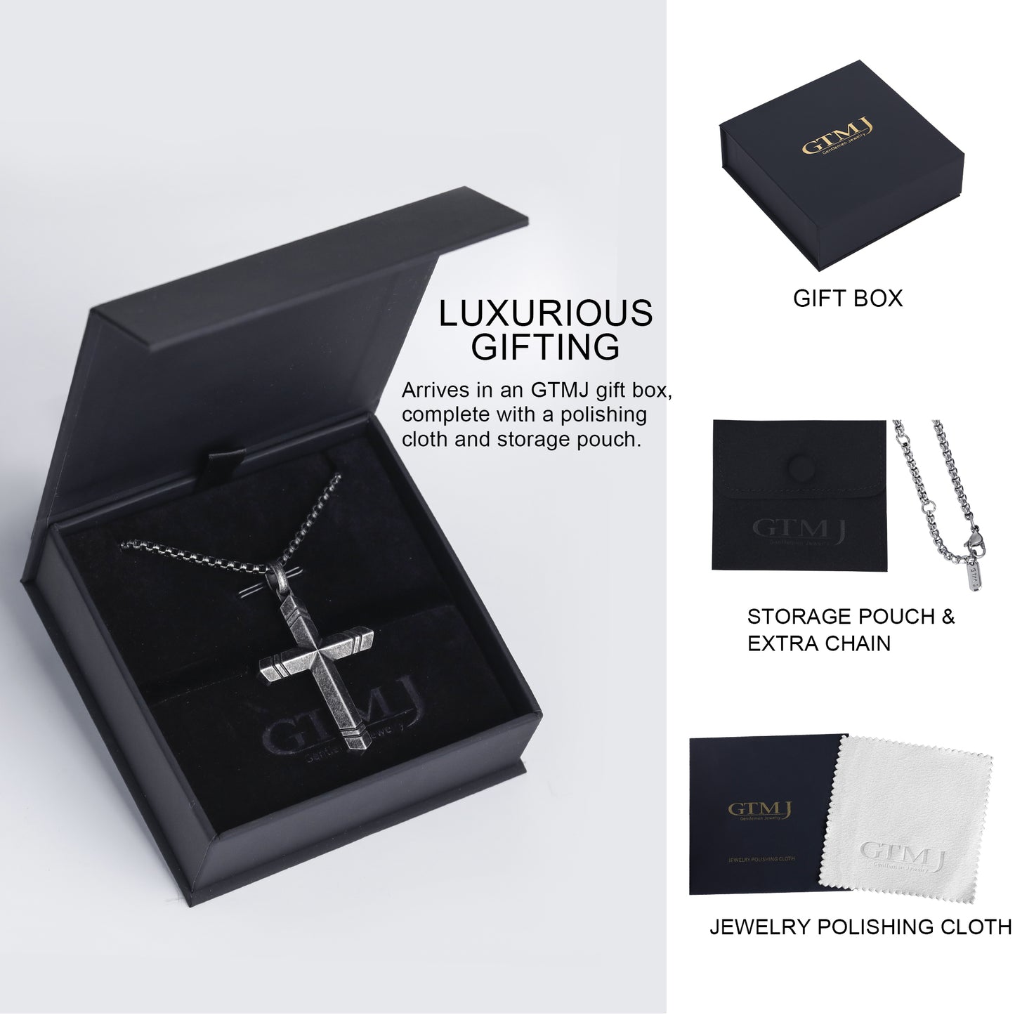 GTMJ Men's Cross Pendant Necklace Set - 316L Stainless Steel & Natural Wood, 24"+2" & 20"+2" Adjustable Box Chains, Luxury Gift Box (Ebony/Bubinga/Antique Black)