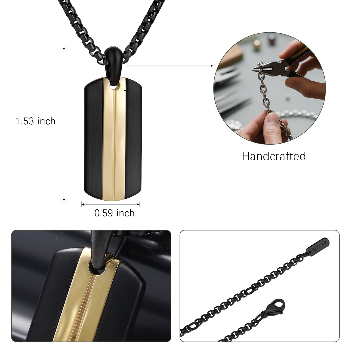 GTMJ Black & 18K Gold Two-Tone Dog Tag Necklace - 24"+2" Adjustable Chain + Extra 20"+2" Silver Chain, Rectangular Smooth Domed Pendant for Men & Women