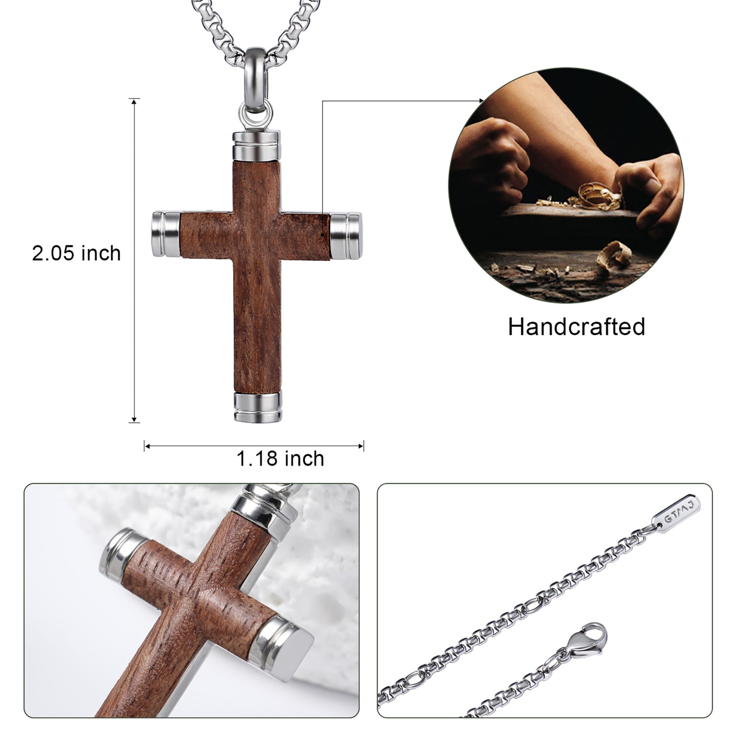 GTMJ Men's Cross Pendant Necklace Set - 316L Stainless Steel & Natural Wood,  24"+2" & 20"+2" Adjustable Box Chains, Luxury Gift Box (Ebony/Bubinga/Gold&Steel)