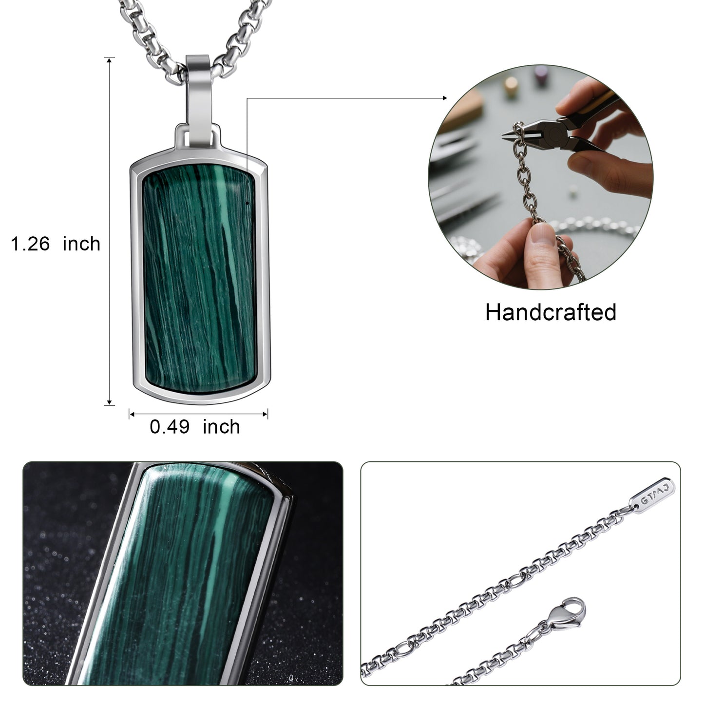 Metallic Dog Tag With Faceted Malachite