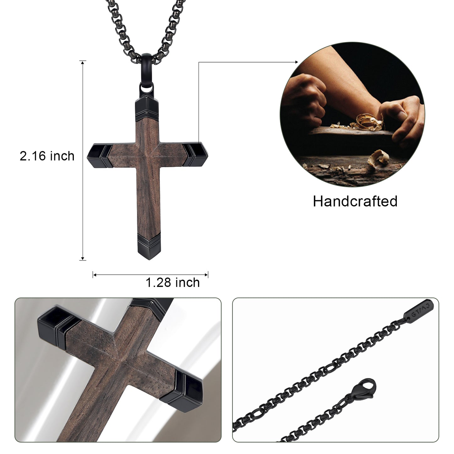 GTMJ Wooden Cross Necklace for Men -Black Ebony Stainless Steel Adjustable Box Chain 24-26in, Spiritual Jewelry Gift for Him, Everyday Wear