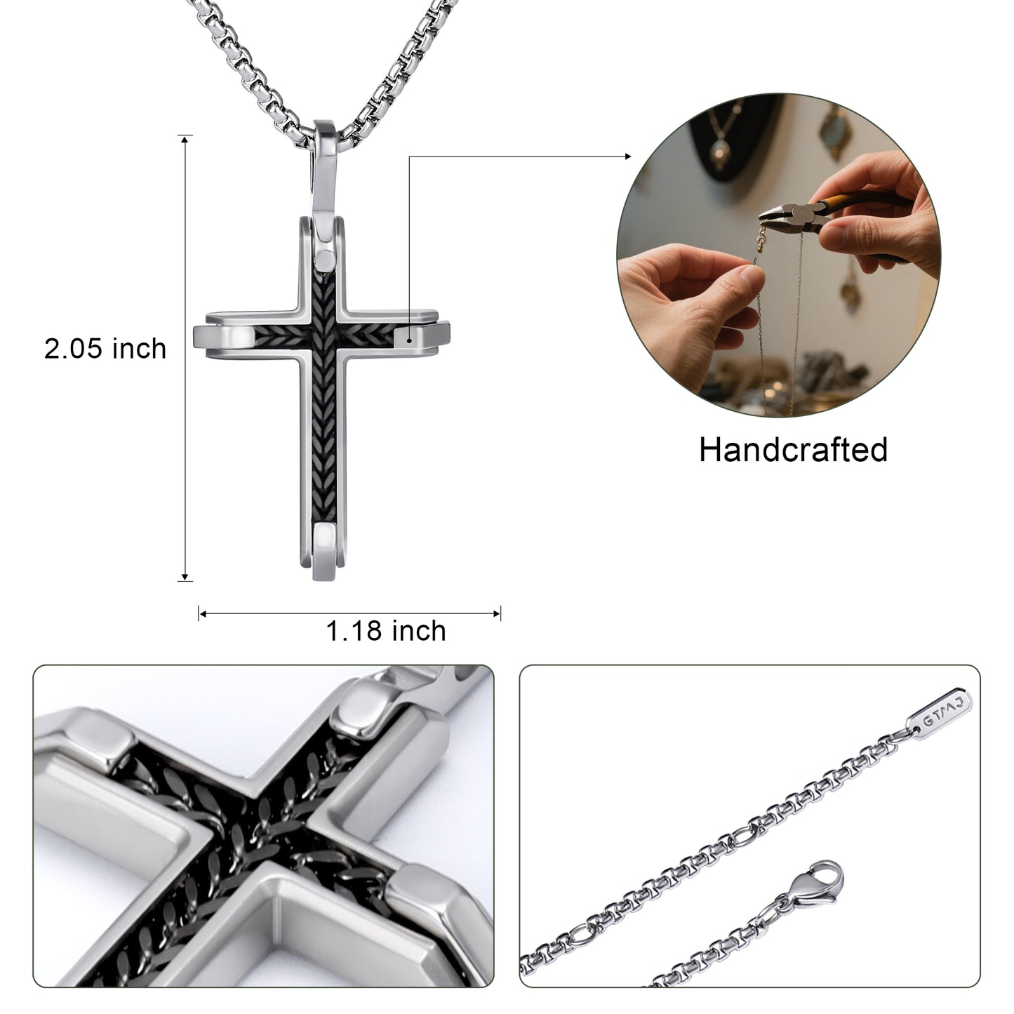 GTMJ Men's 316L Stainless Steel Cross Pendant Necklace - Black Franco Chain Link Inlay, 24"+2" & 20"+2"Adjustable Box Chain, Christian Gift Set