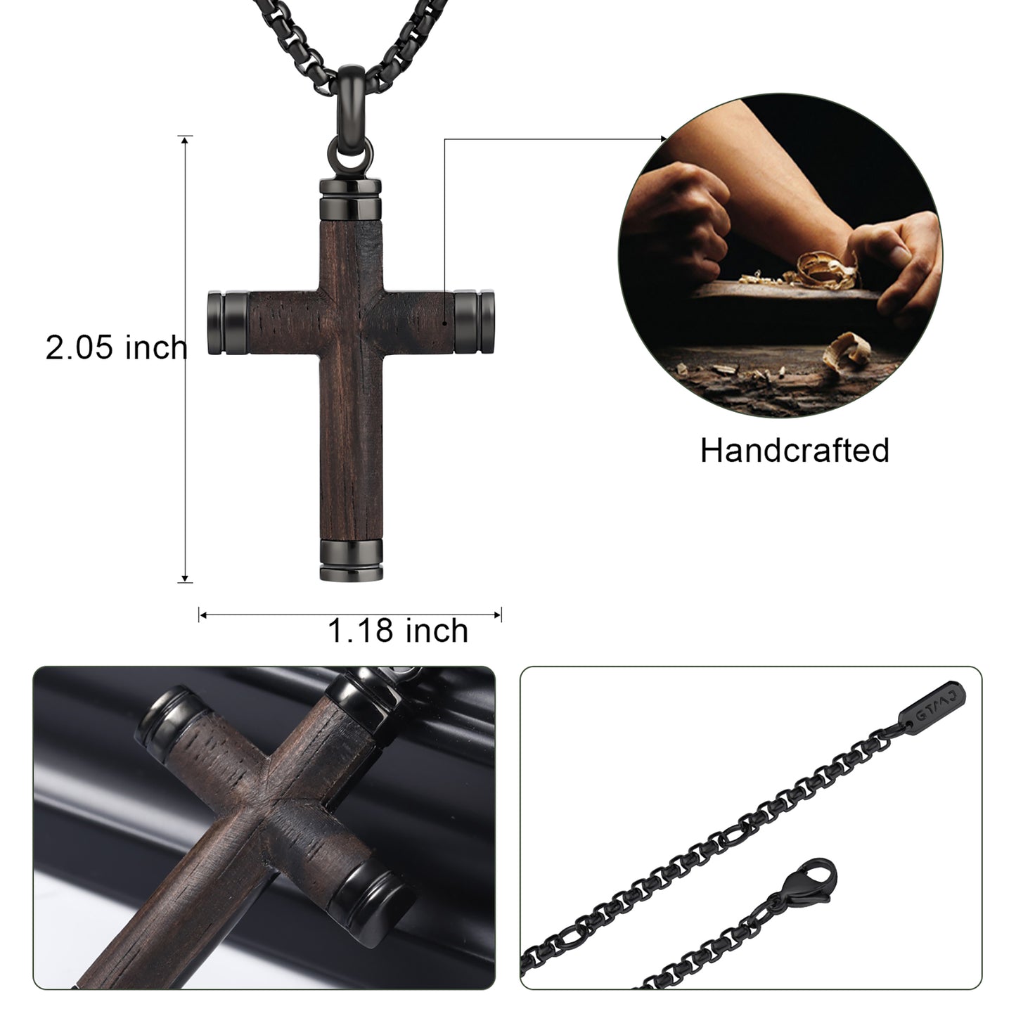 GTMJ Men's Cross Pendant Necklace Set - 316L Stainless Steel & Natural Wood,  24"+2" & 20"+2" Adjustable Box Chains, Luxury Gift Box (Ebony/Bubinga/Gold&Steel)