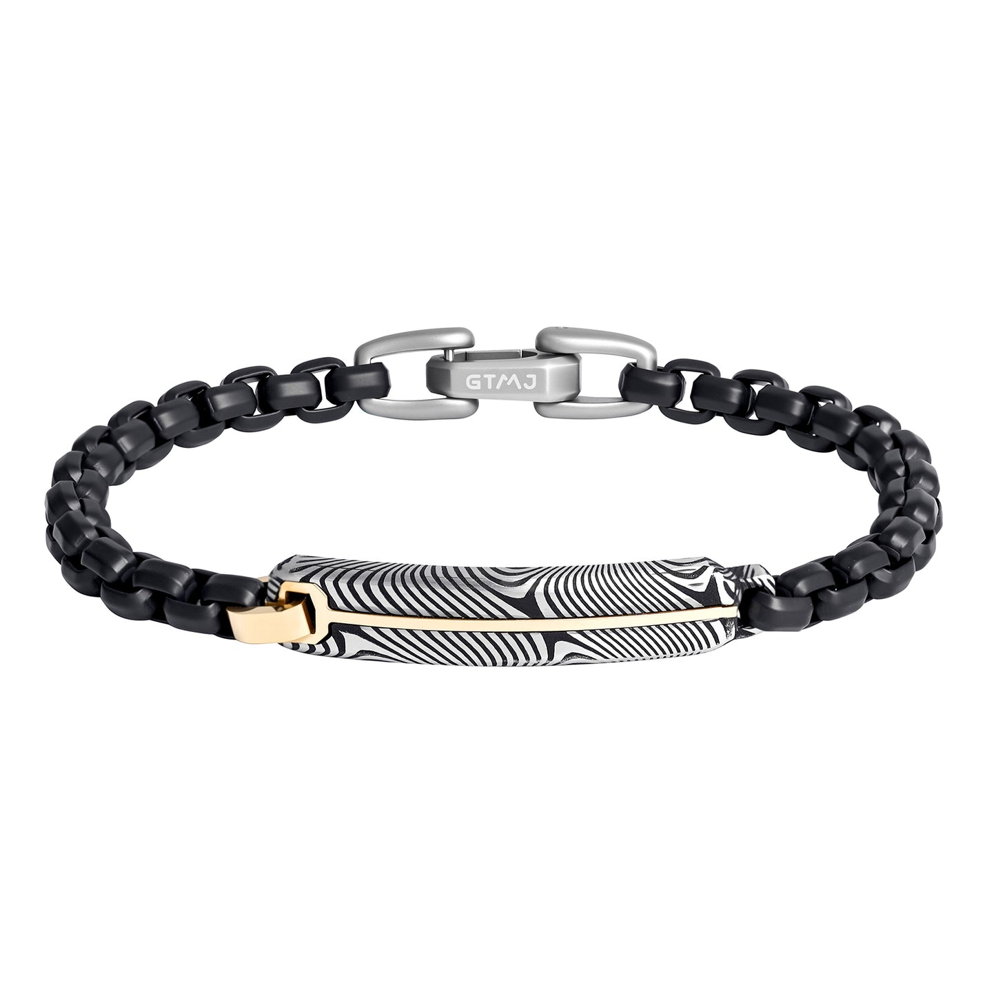 Black IP Steel Box Chain Bracelet with Damascus Steel Plate