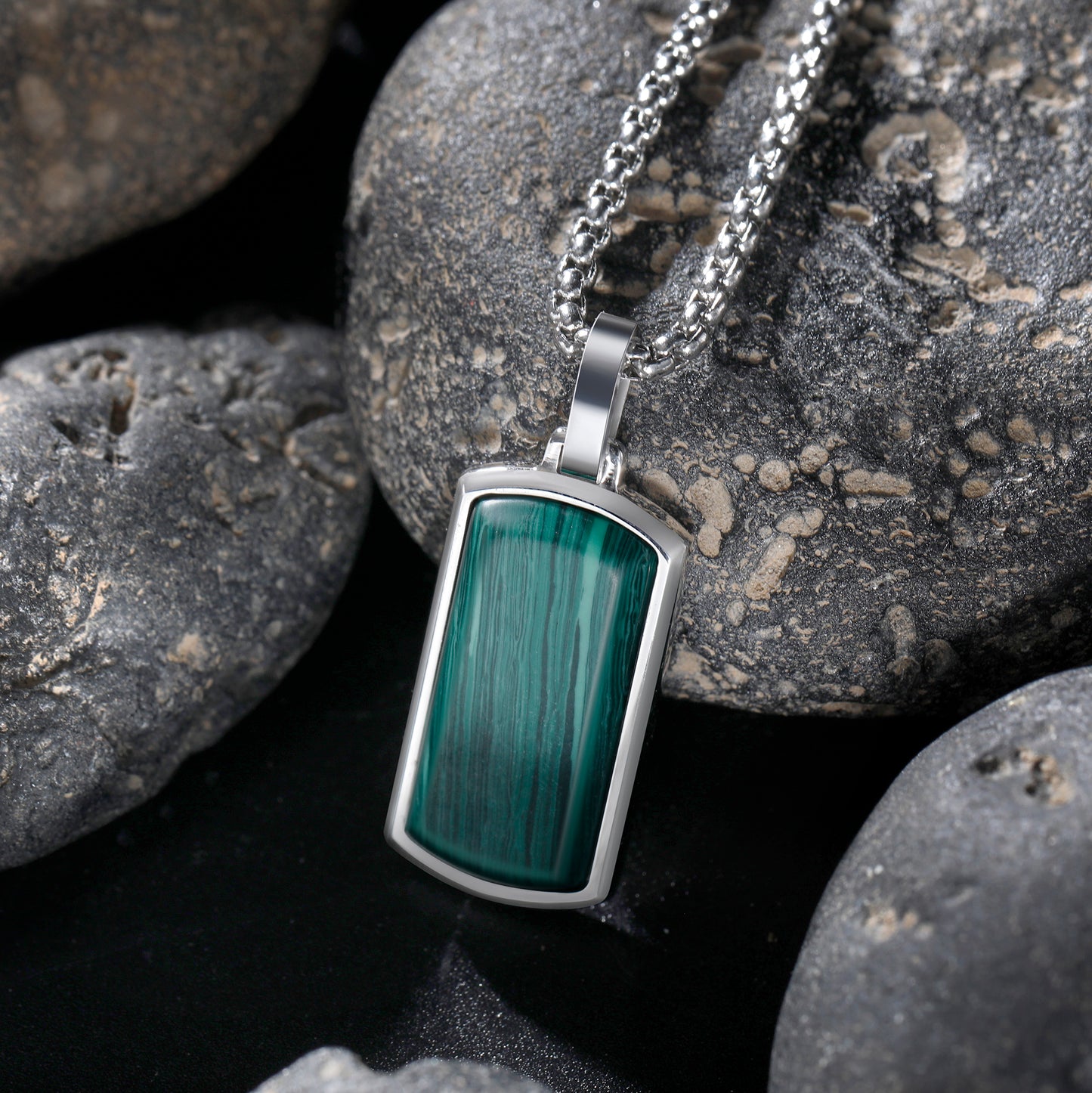 Metallic Dog Tag With Faceted Malachite