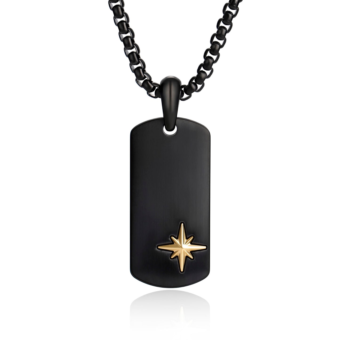Classic Black Dog Tag with North Star Amulet in 18K Gold Plated Pendant Necklace