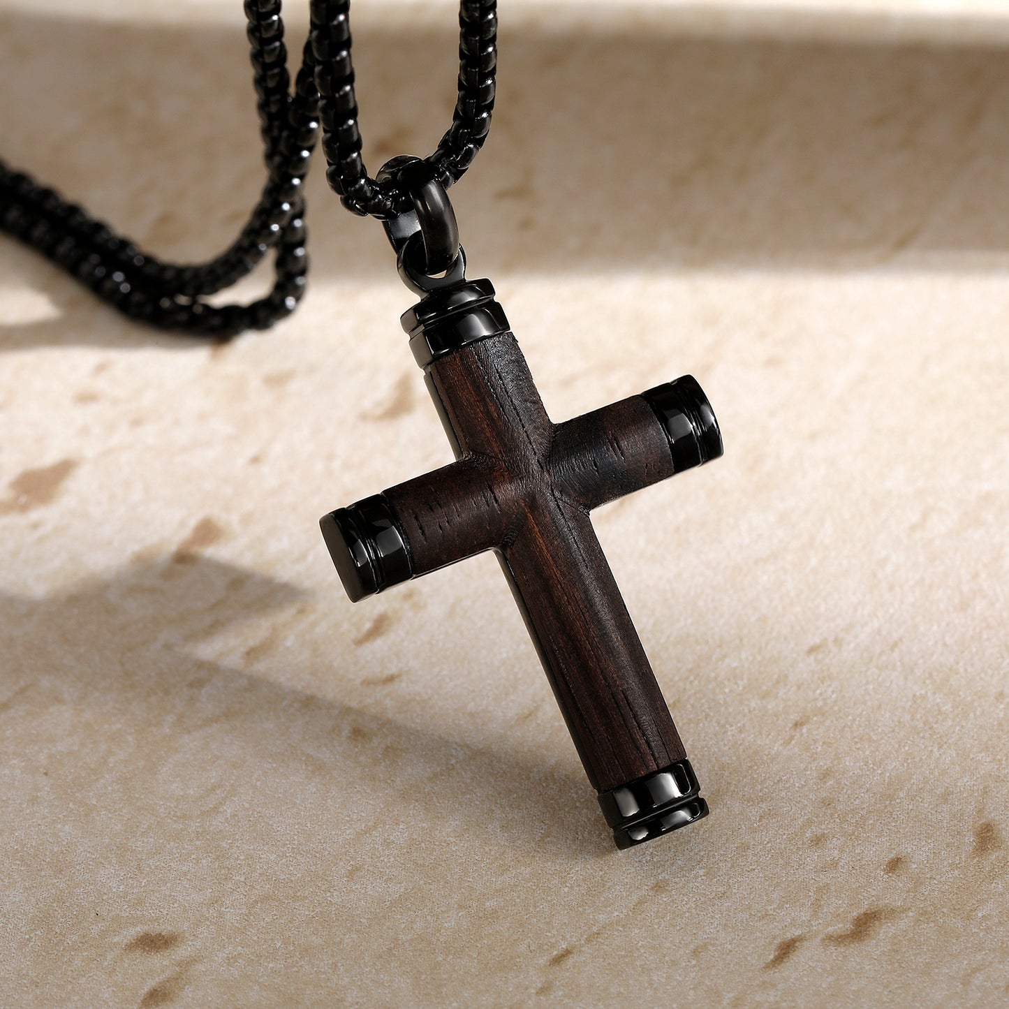 GTMJ Men's Cross Pendant Necklace Set - 316L Stainless Steel & Natural Wood,  24"+2" & 20"+2" Adjustable Box Chains, Luxury Gift Box (Ebony/Bubinga/Gold&Steel)