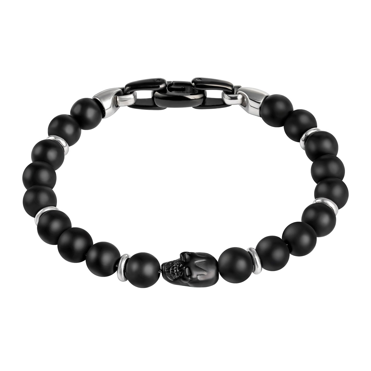 Men's Black Onyx Skull Semiprecious Bead Bracelet