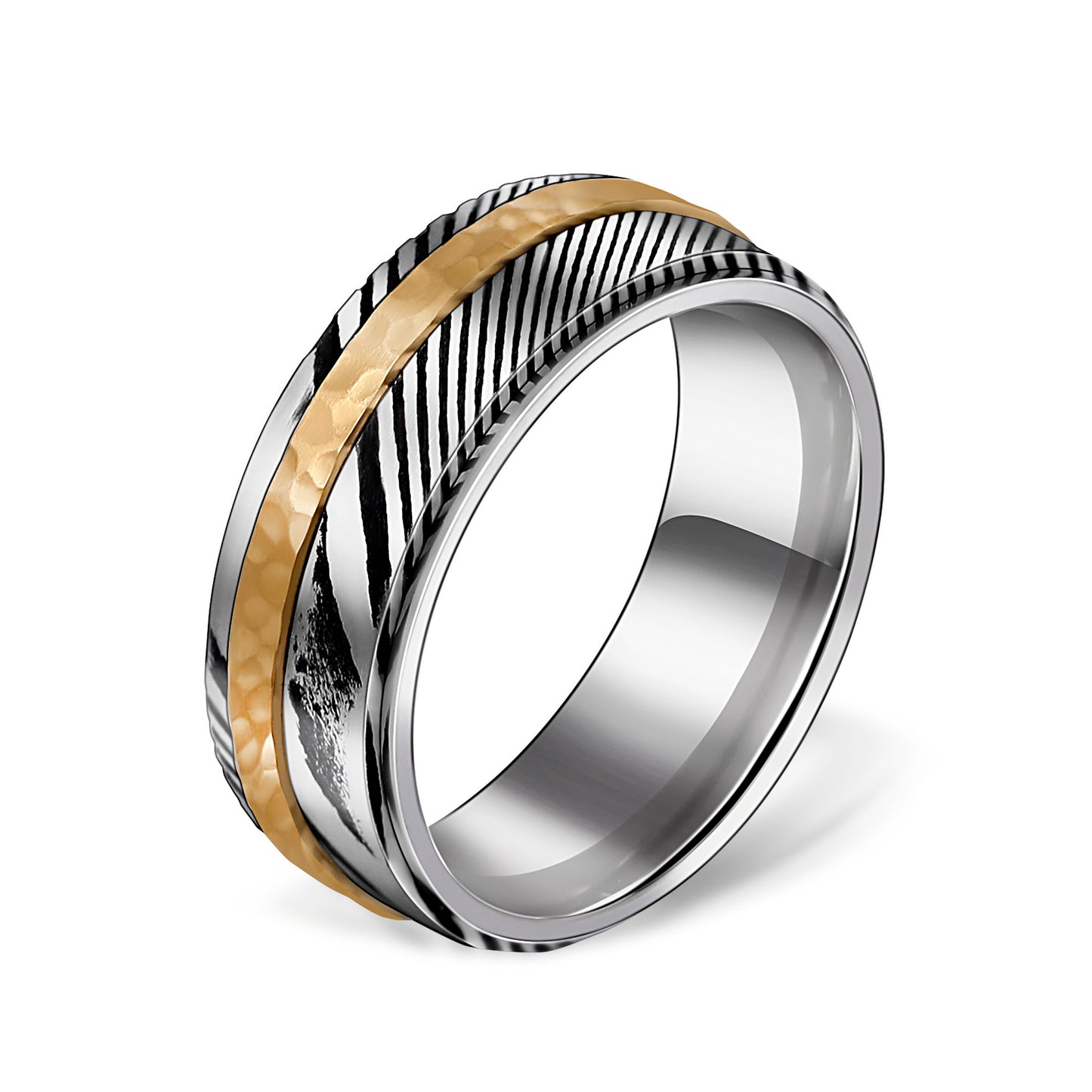 Damascus Steel Ring with A Gold-plated Strip Hammered Finish 316L Stainless Steel