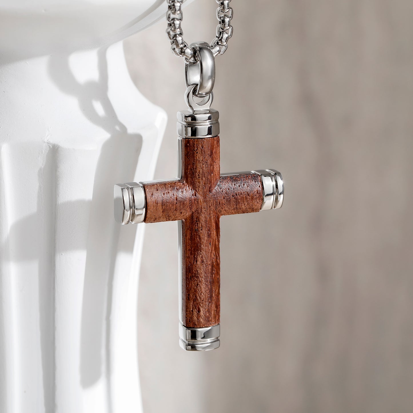 GTMJ Men's Cross Pendant Necklace Set - 316L Stainless Steel & Natural Wood,  24"+2" & 20"+2" Adjustable Box Chains, Luxury Gift Box (Ebony/Bubinga/Gold&Steel)