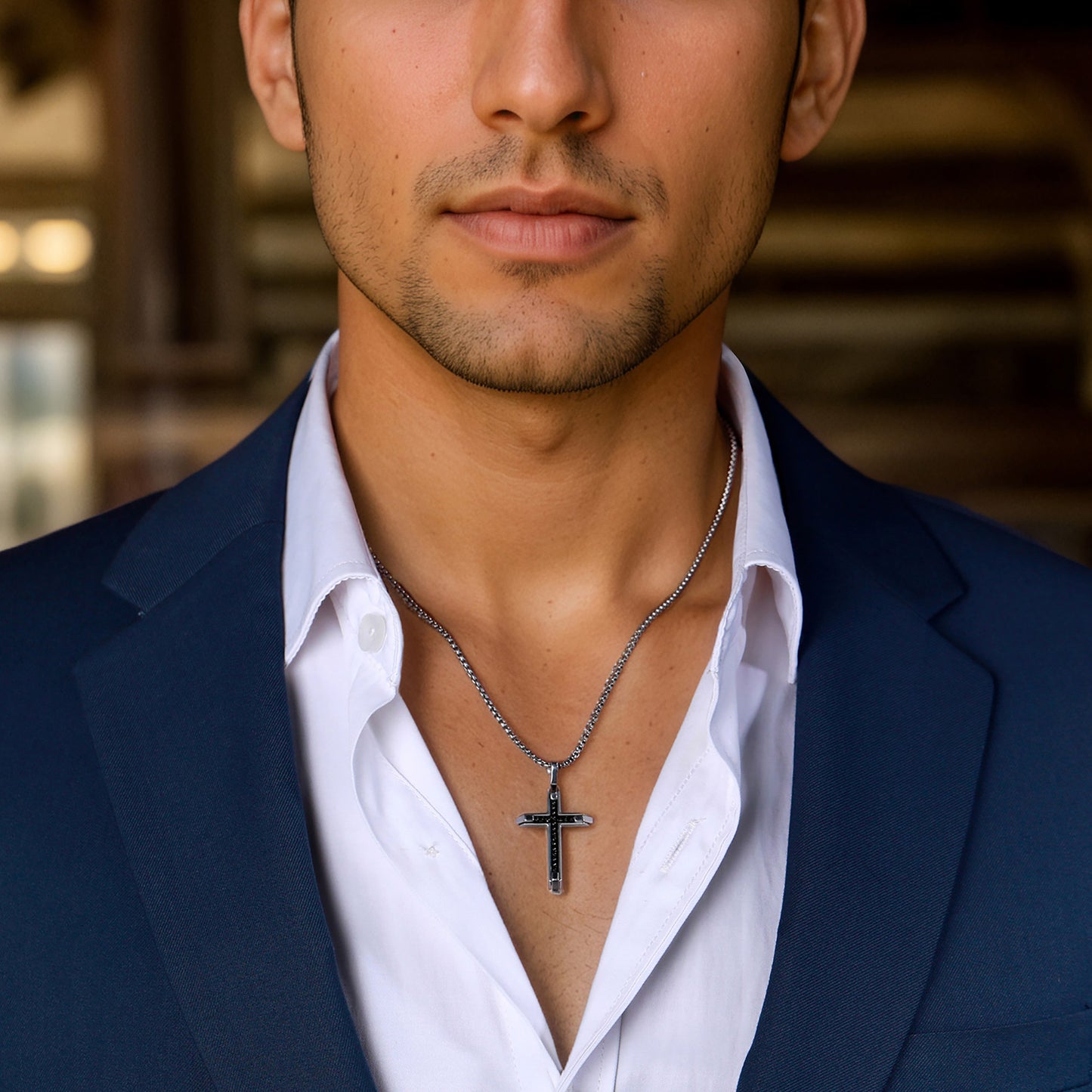 GTMJ Men's 316L Stainless Steel Cross Pendant Necklace - Black Franco Chain Link Inlay, 24"+2" & 20"+2"Adjustable Box Chain, Christian Gift Set