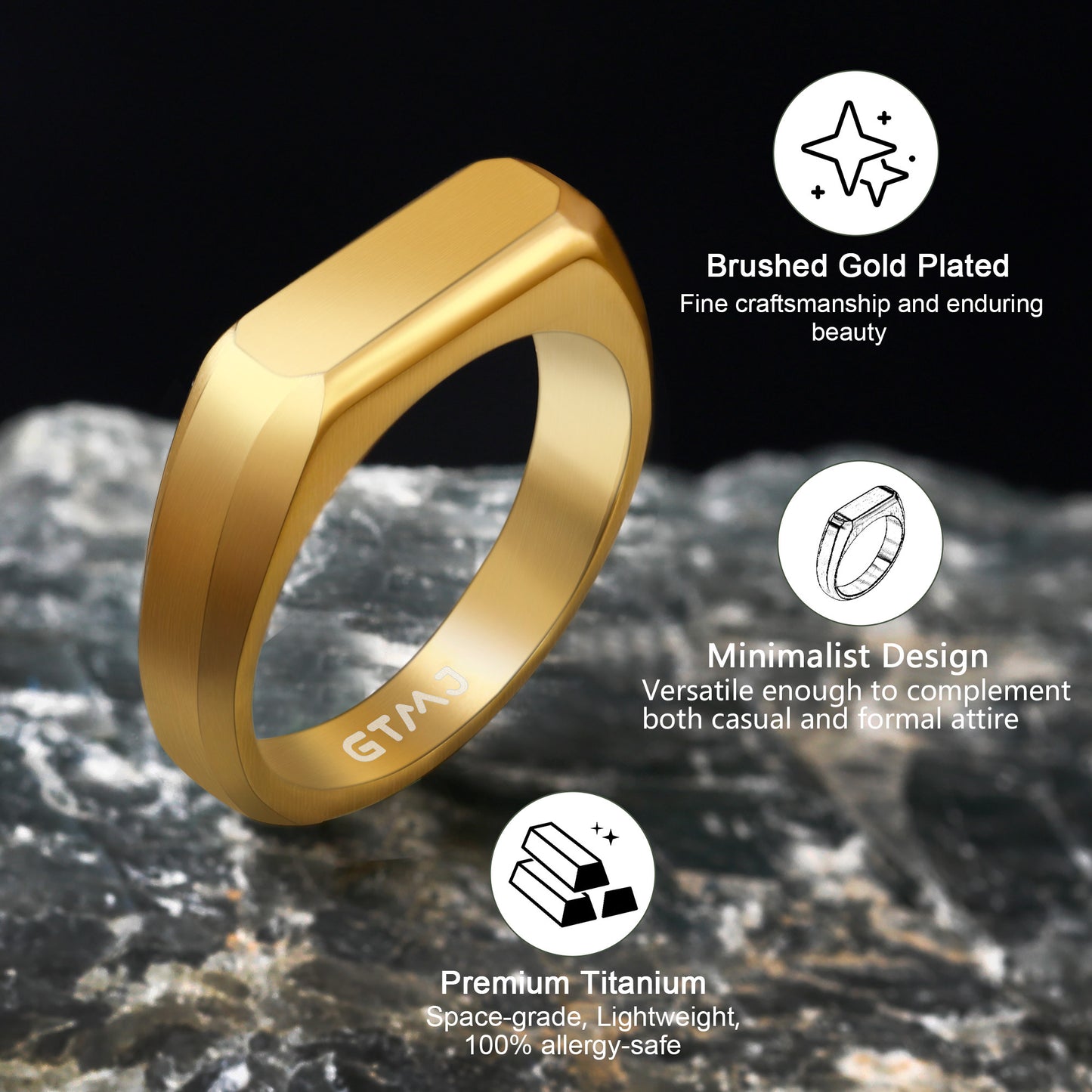 Brushed Gold Plated Titanium Signet Ring - 6mm