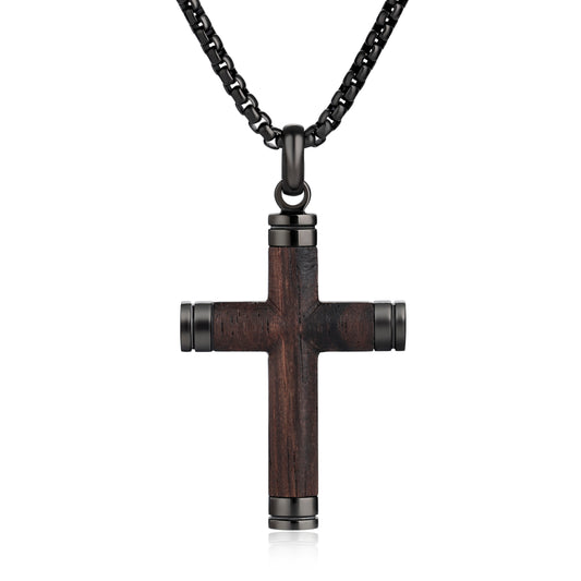 GTMJ Men's Cross Pendant Necklace Set - 316L Stainless Steel & Natural Wood,  24"+2" & 20"+2" Adjustable Box Chains, Luxury Gift Box (Ebony/Bubinga/Gold&Steel)
