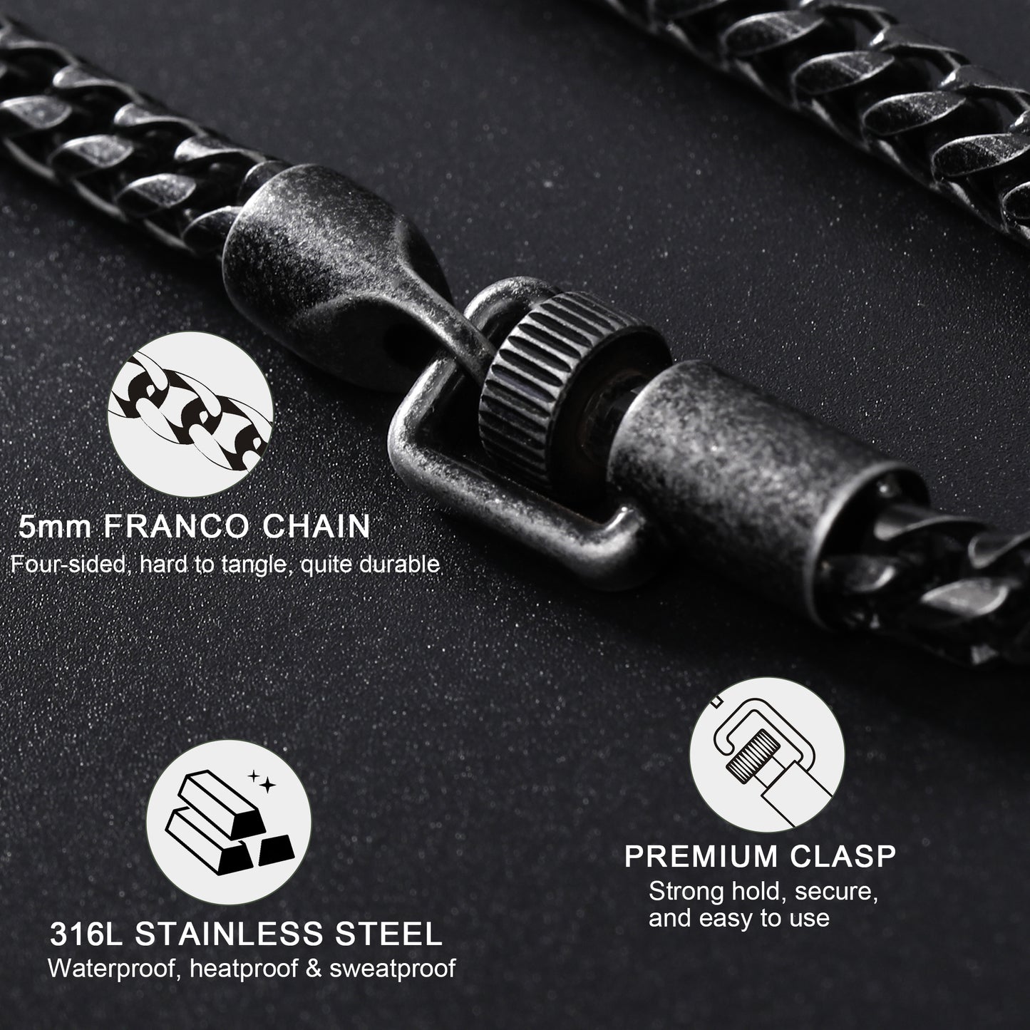 Men's Antique-Finish Foxtail Chain Bracelet 5mm Black Ion-Plated Solid Stainless Steel