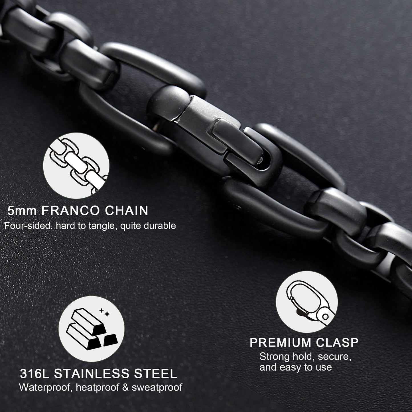 Matte Finish Black IP Stainless Steel Bold Box Chain Bracelet