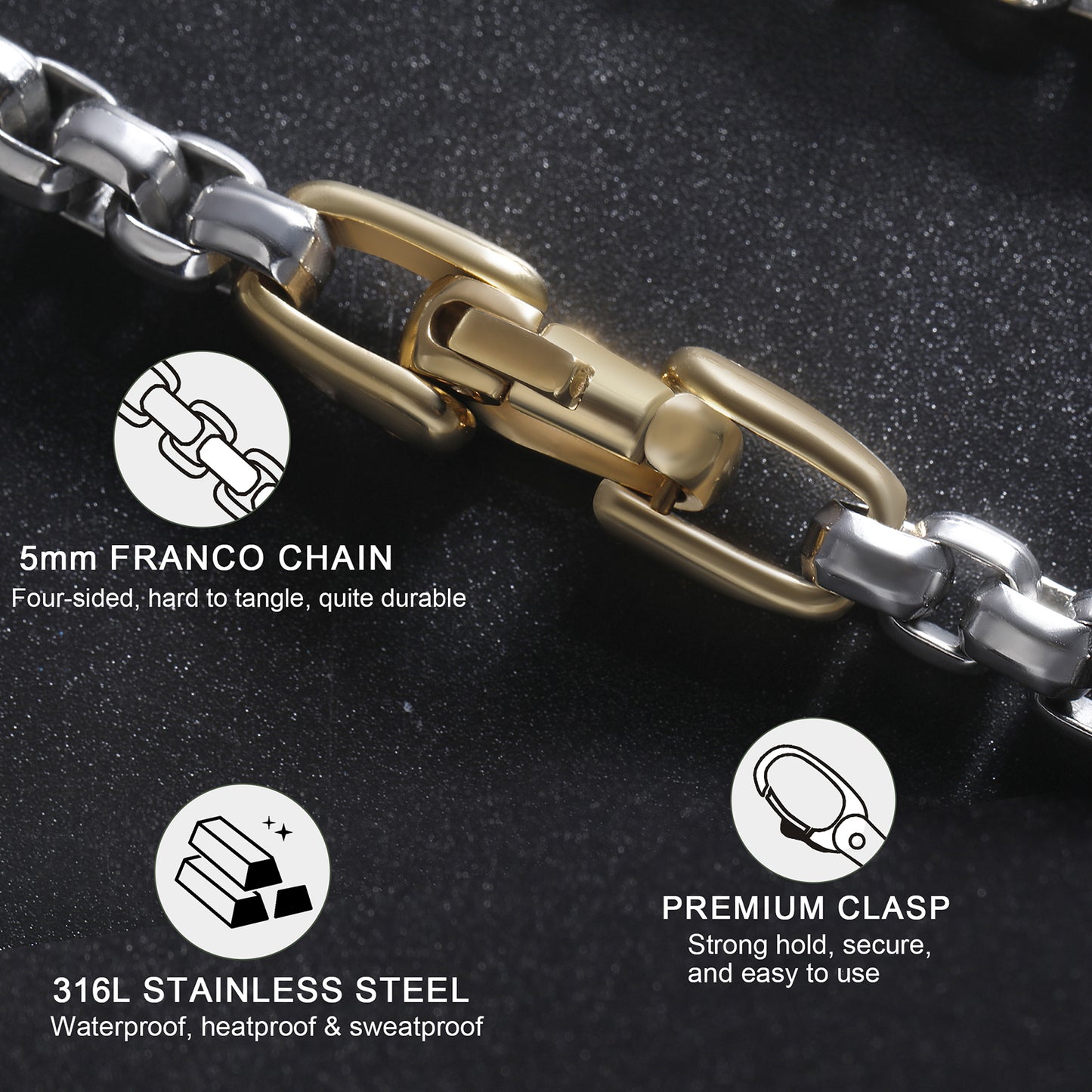 Two Tone Gold 316L Stainless Steel Bold Box Chain Bracelet