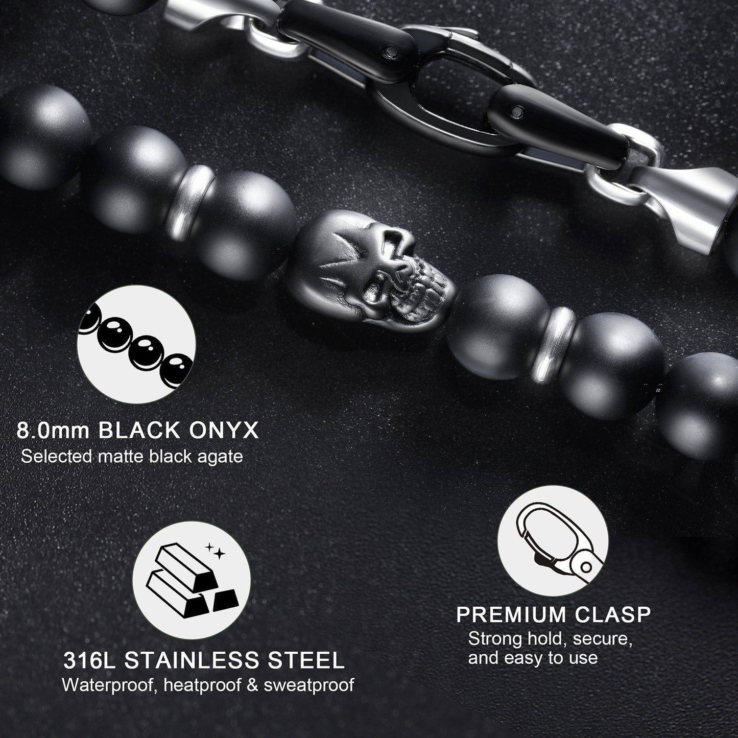 Men's Black Onyx Skull Semiprecious Bead Bracelet