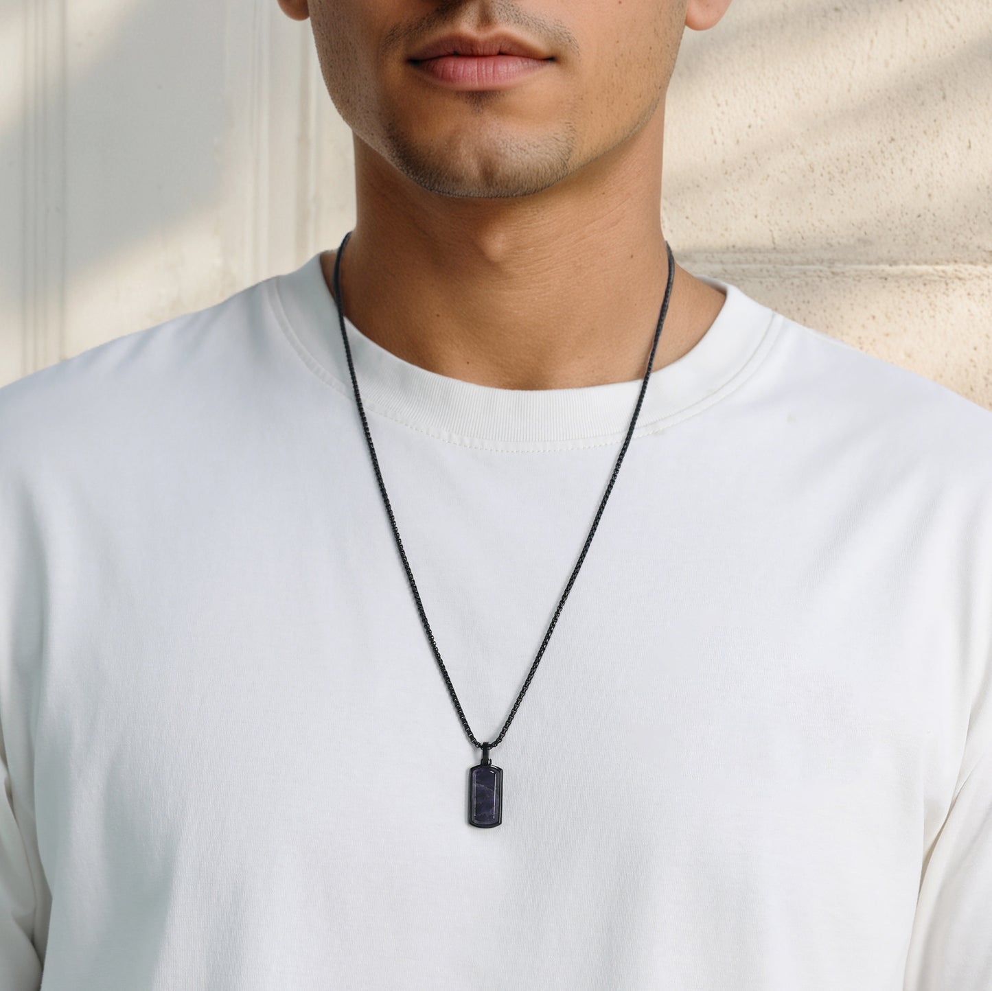 Metallic Dog Tag With Faceted Amethyst