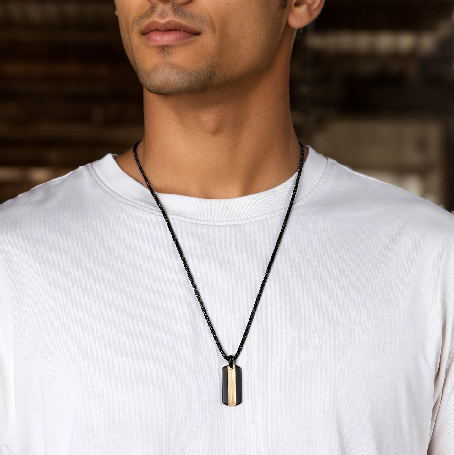 GTMJ Black & 18K Gold Two-Tone Dog Tag Necklace - 24"+2" Adjustable Chain + Extra 20"+2" Silver Chain, Rectangular Smooth Domed Pendant for Men & Women