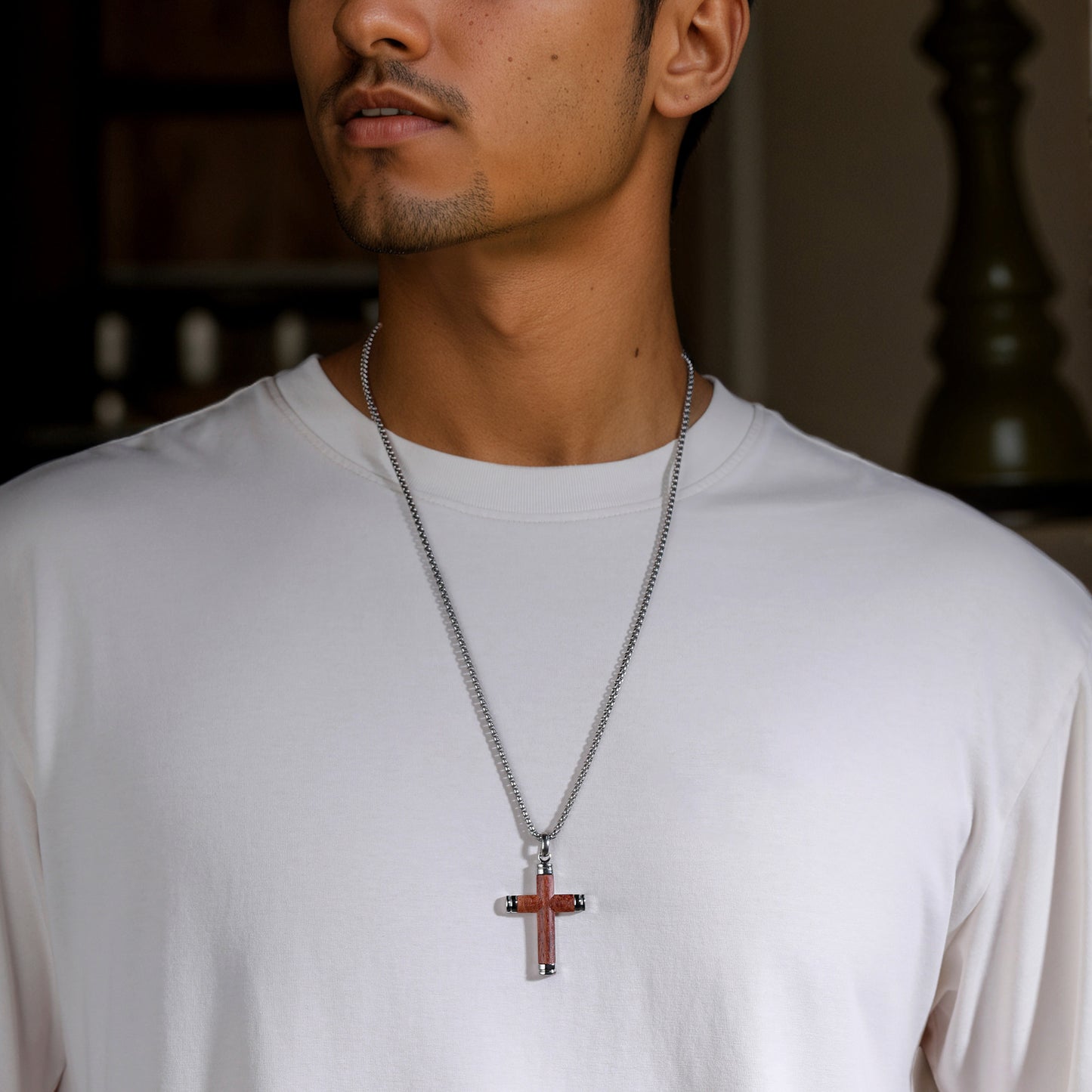 GTMJ Men's Cross Pendant Necklace Set - 316L Stainless Steel & Natural Wood,  24"+2" & 20"+2" Adjustable Box Chains, Luxury Gift Box (Ebony/Bubinga/Gold&Steel)