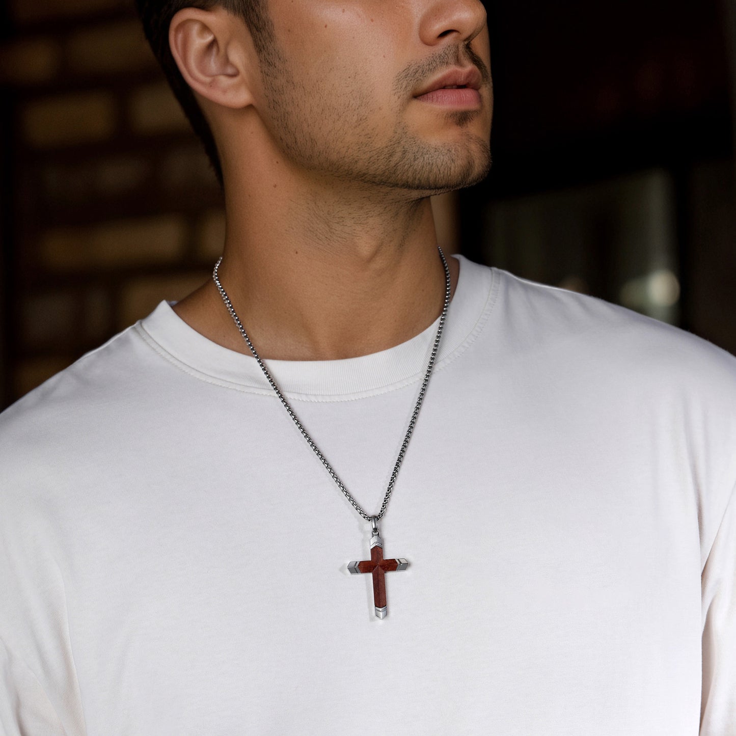 GTMJ Men's Cross Pendant Necklace Set - 316L Stainless Steel & Natural Wood, 24"+2" & 20"+2" Adjustable Box Chains, Luxury Gift Box (Ebony/Bubinga/Antique Black)