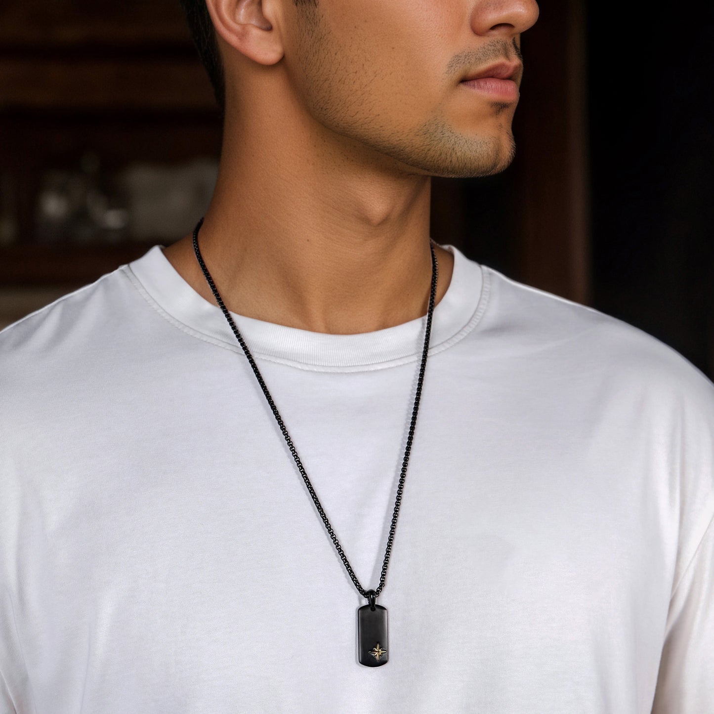 Classic Black Dog Tag with North Star Amulet in 18K Gold Plated Pendant Necklace