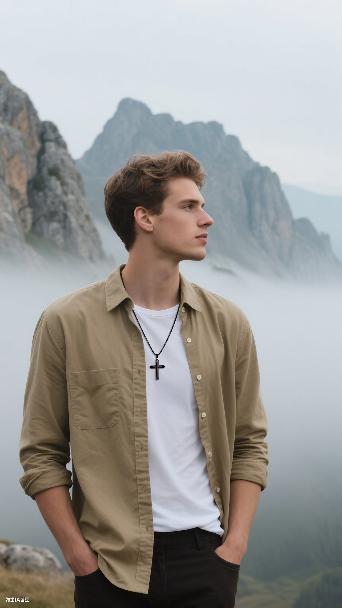 GTMJ Wooden Cross Necklace for Men -Black Ebony Stainless Steel Adjustable Box Chain 24-26in, Spiritual Jewelry Gift for Him, Everyday Wear