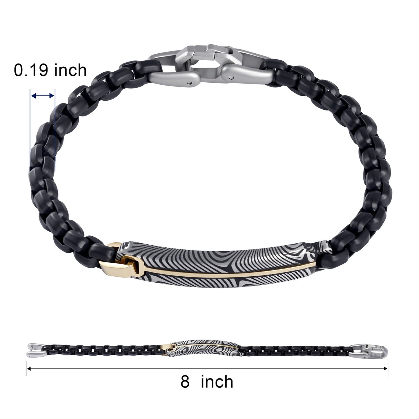 Black IP Steel Box Chain Bracelet with Damascus Steel Plate