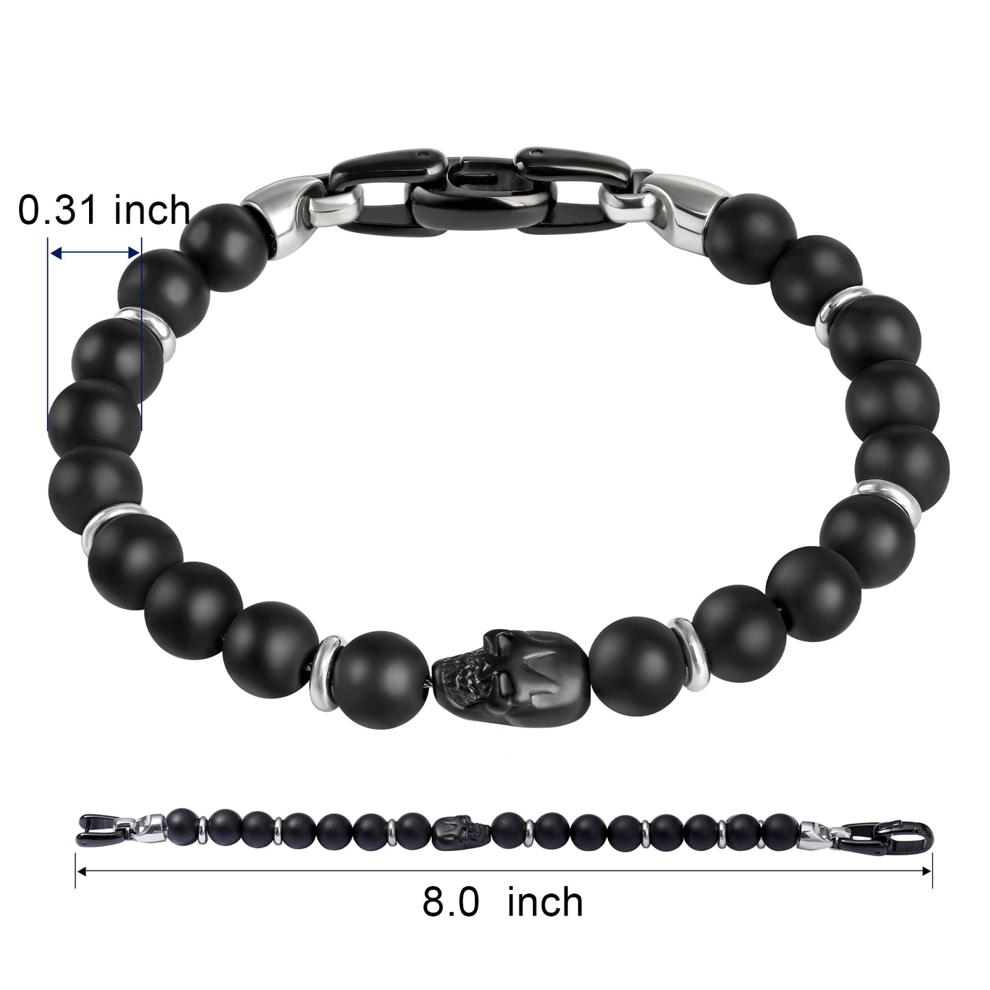 Men's Black Onyx Skull Semiprecious Bead Bracelet