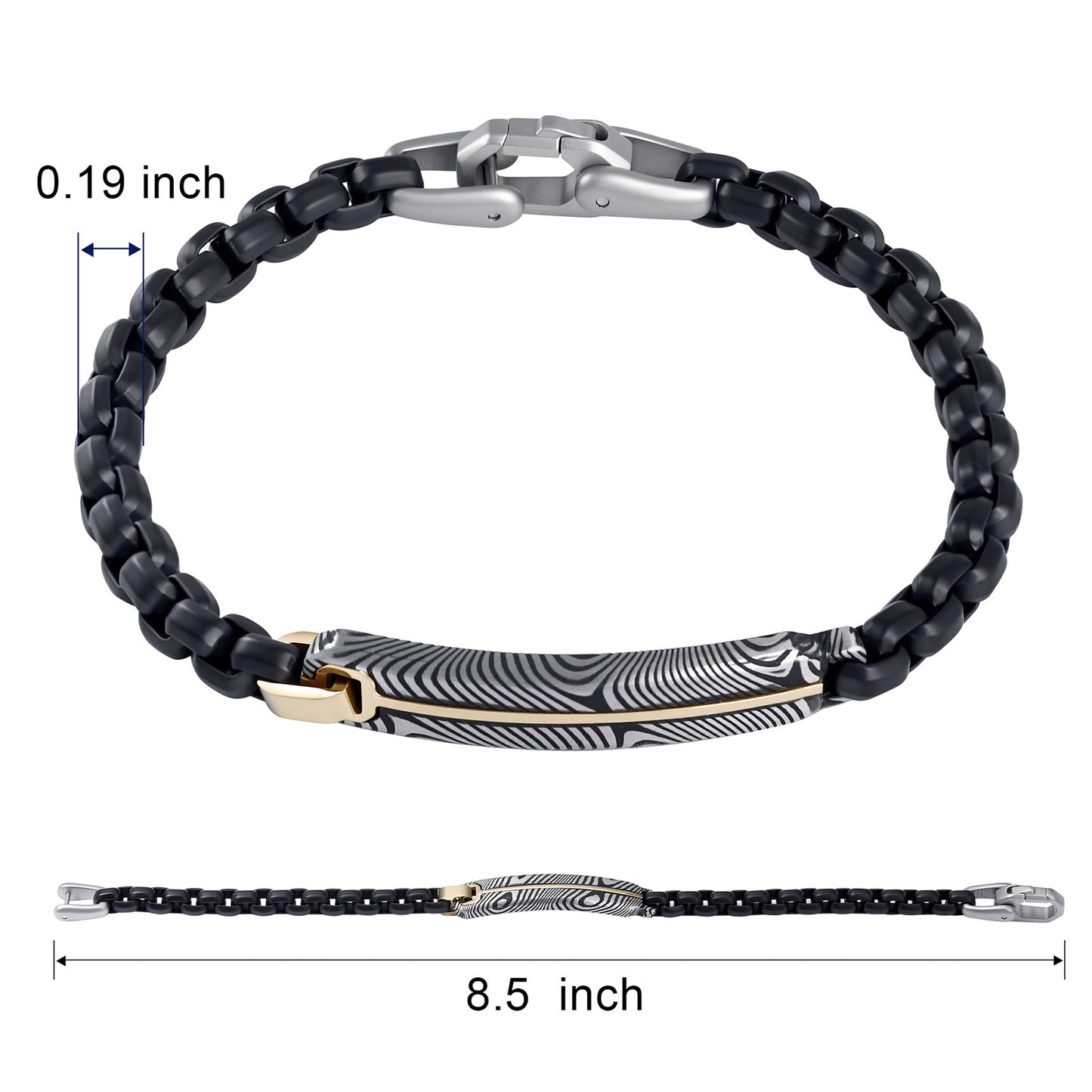 Black IP Steel Box Chain Bracelet with Damascus Steel Plate