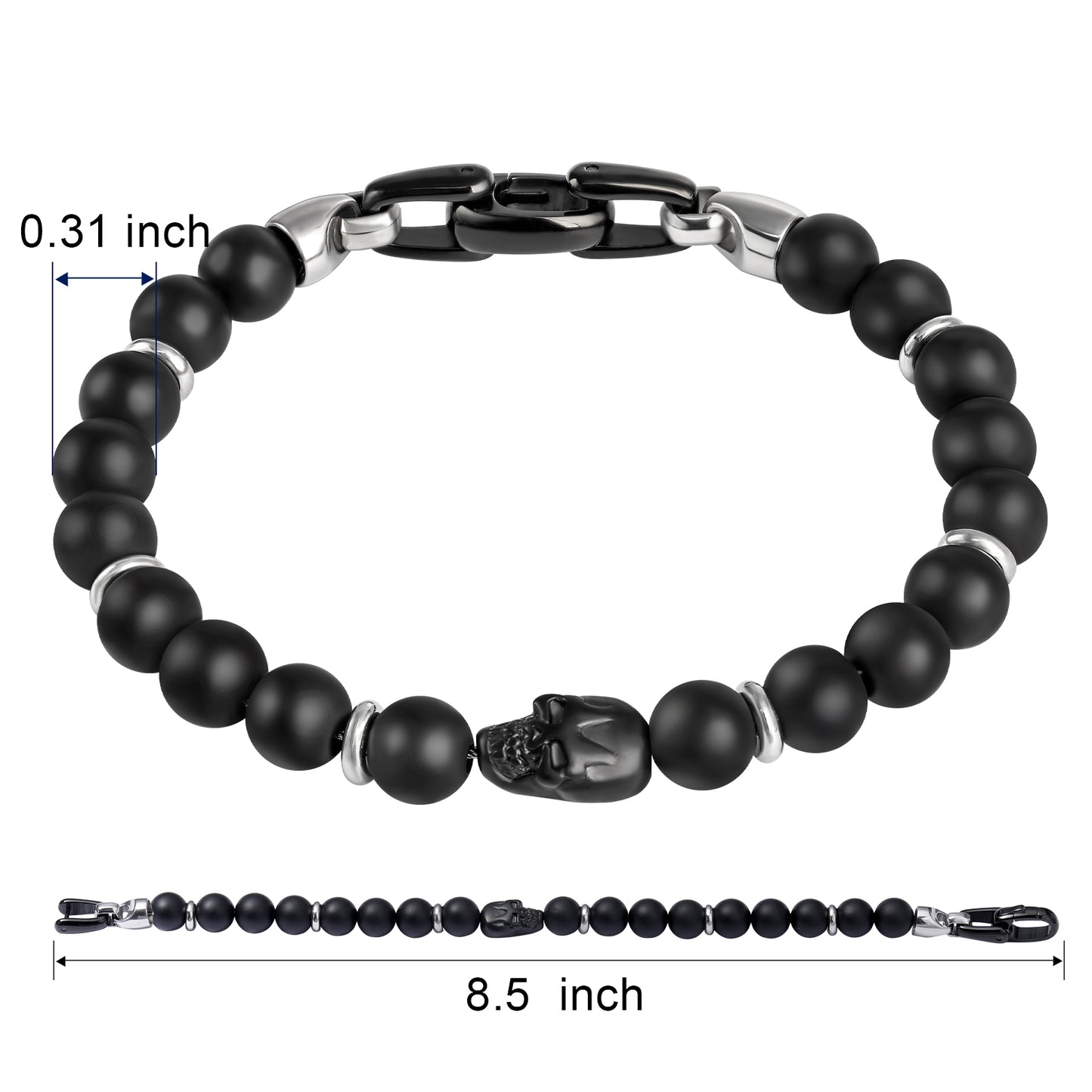 Men's Black Onyx Skull Semiprecious Bead Bracelet
