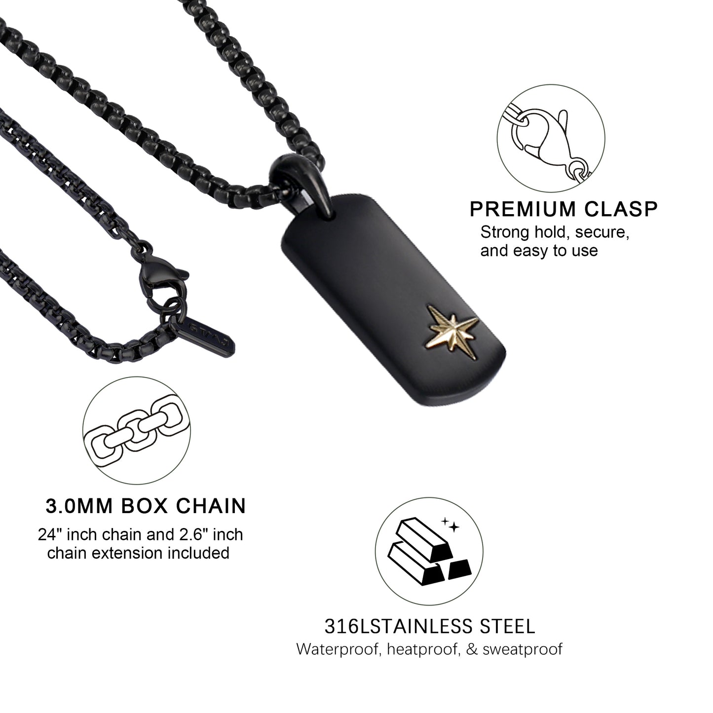 Classic Black Dog Tag with North Star Amulet in 18K Gold Plated Pendant Necklace
