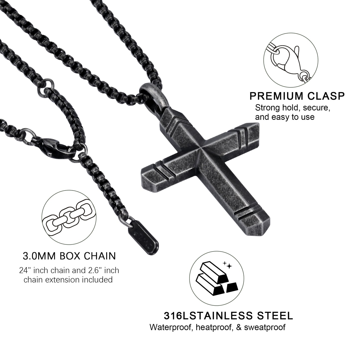 GTMJ Men's Cross Pendant Necklace Set - 316L Stainless Steel & Natural Wood, 24"+2" & 20"+2" Adjustable Box Chains, Luxury Gift Box (Ebony/Bubinga/Antique Black)