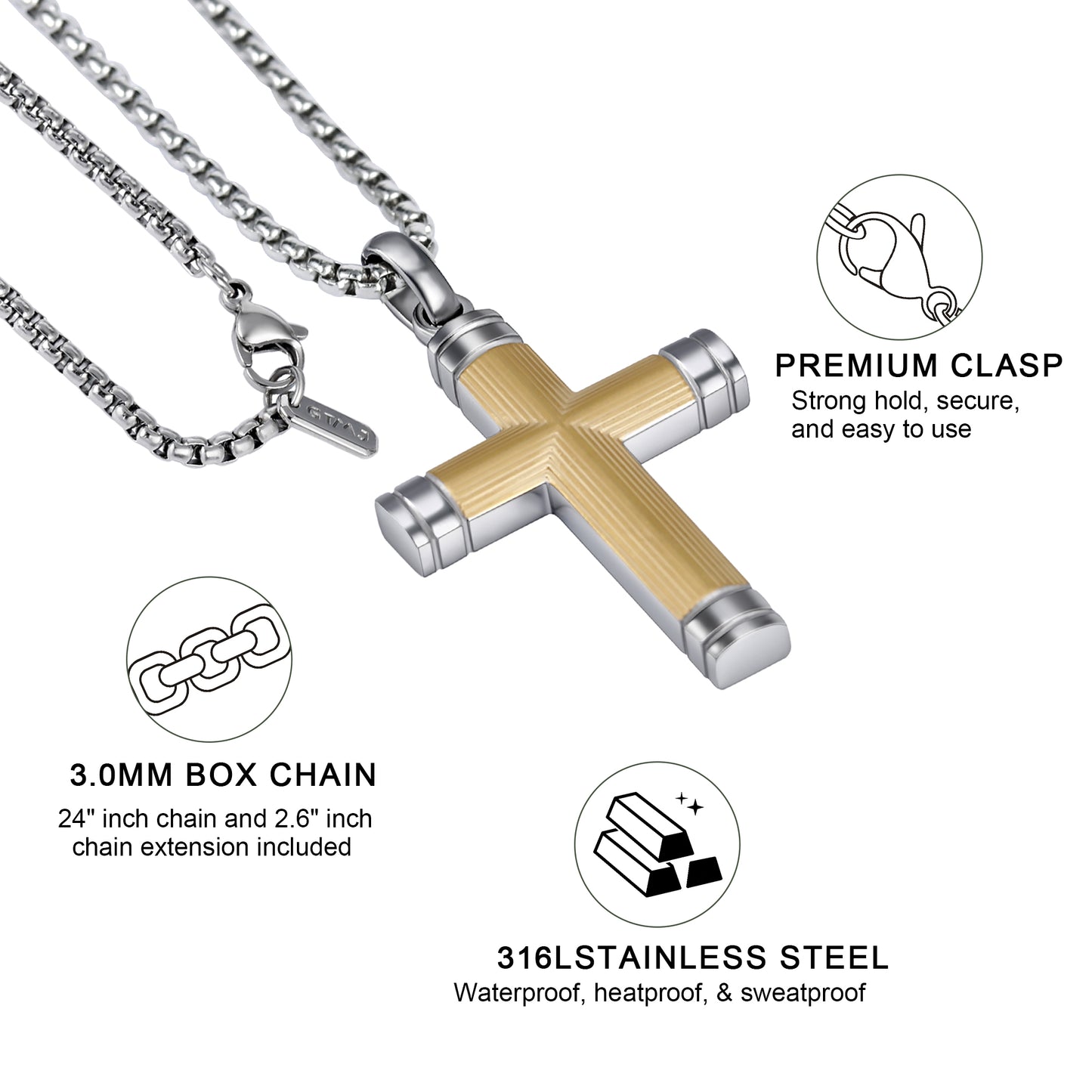 GTMJ Men's Cross Pendant Necklace Set - 316L Stainless Steel & Natural Wood,  24"+2" & 20"+2" Adjustable Box Chains, Luxury Gift Box (Ebony/Bubinga/Gold&Steel)