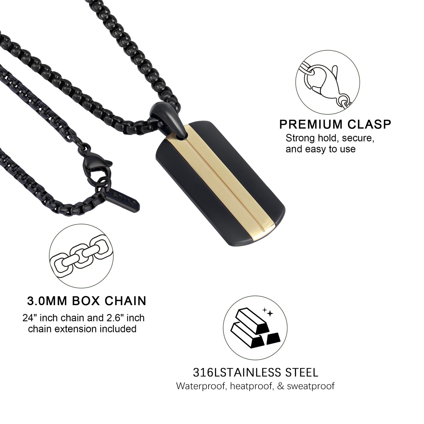 GTMJ Black & 18K Gold Two-Tone Dog Tag Necklace - 24"+2" Adjustable Chain + Extra 20"+2" Silver Chain, Rectangular Smooth Domed Pendant for Men & Women