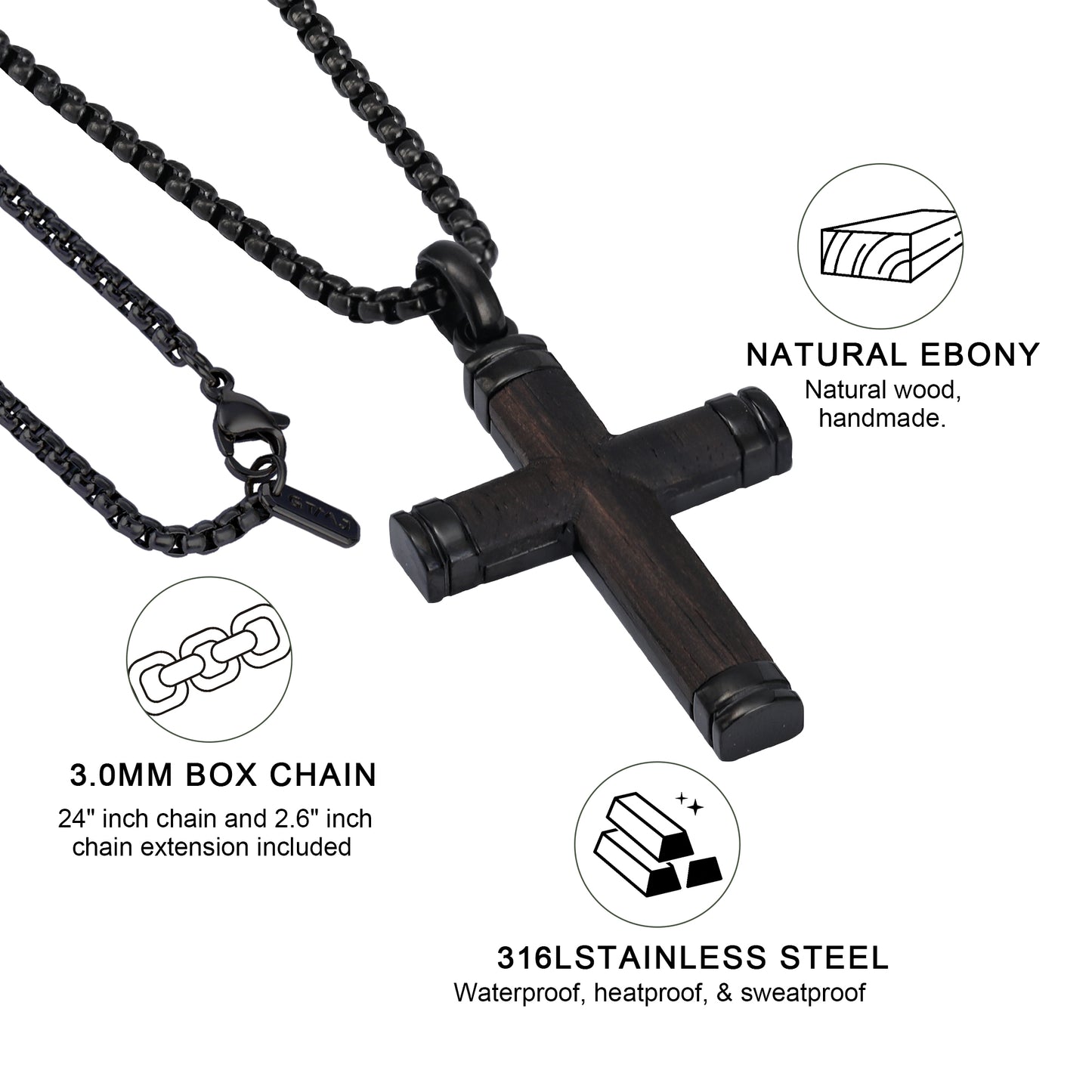 GTMJ Men's Cross Pendant Necklace Set - 316L Stainless Steel & Natural Wood,  24"+2" & 20"+2" Adjustable Box Chains, Luxury Gift Box (Ebony/Bubinga/Gold&Steel)