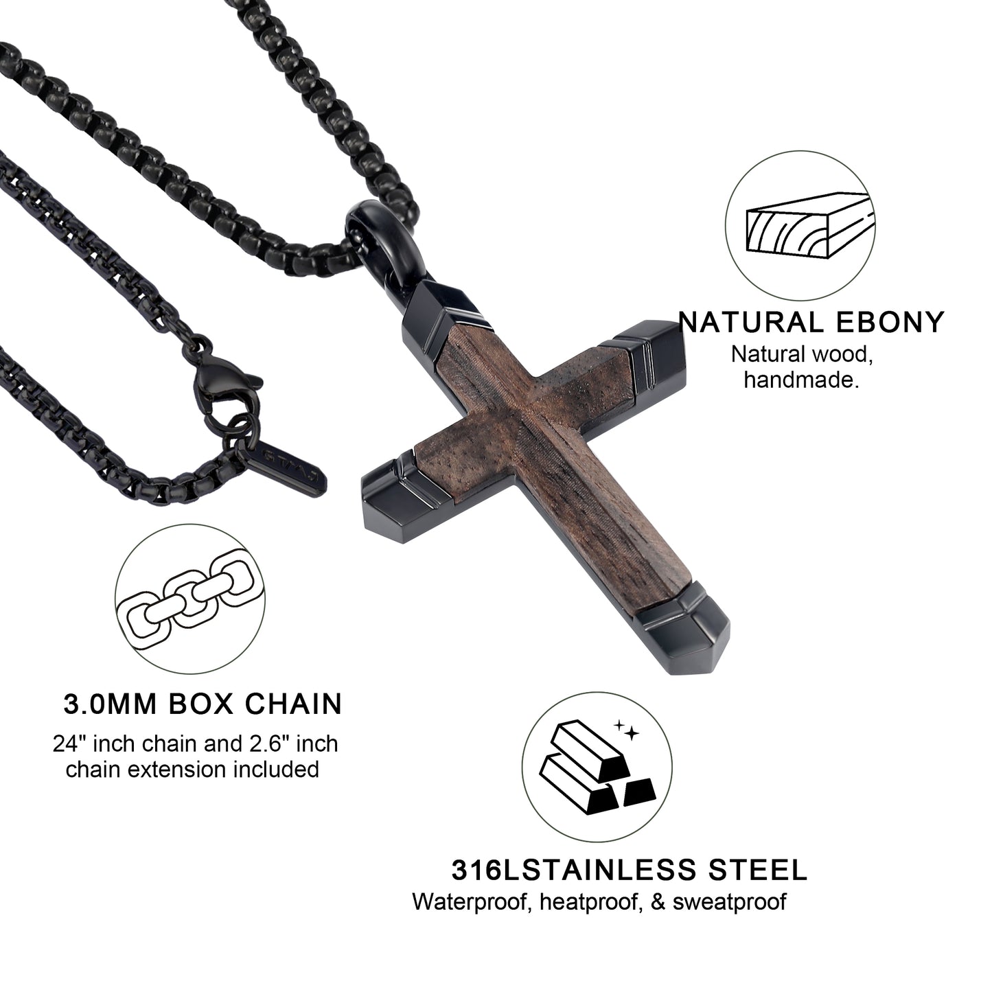 GTMJ Wooden Cross Necklace for Men -Black Ebony Stainless Steel Adjustable Box Chain 24-26in, Spiritual Jewelry Gift for Him, Everyday Wear