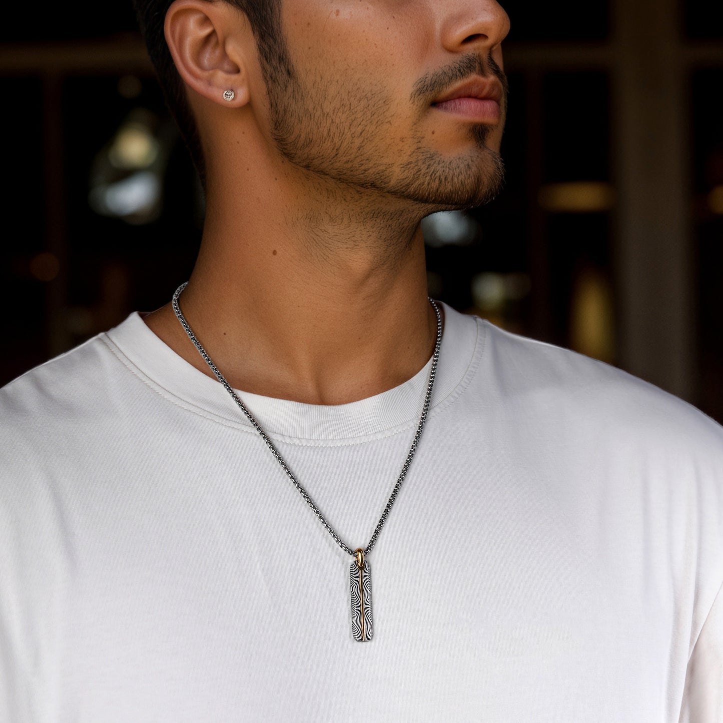 Damascus Stainless Steel Vertical Drop Pendant Necklace