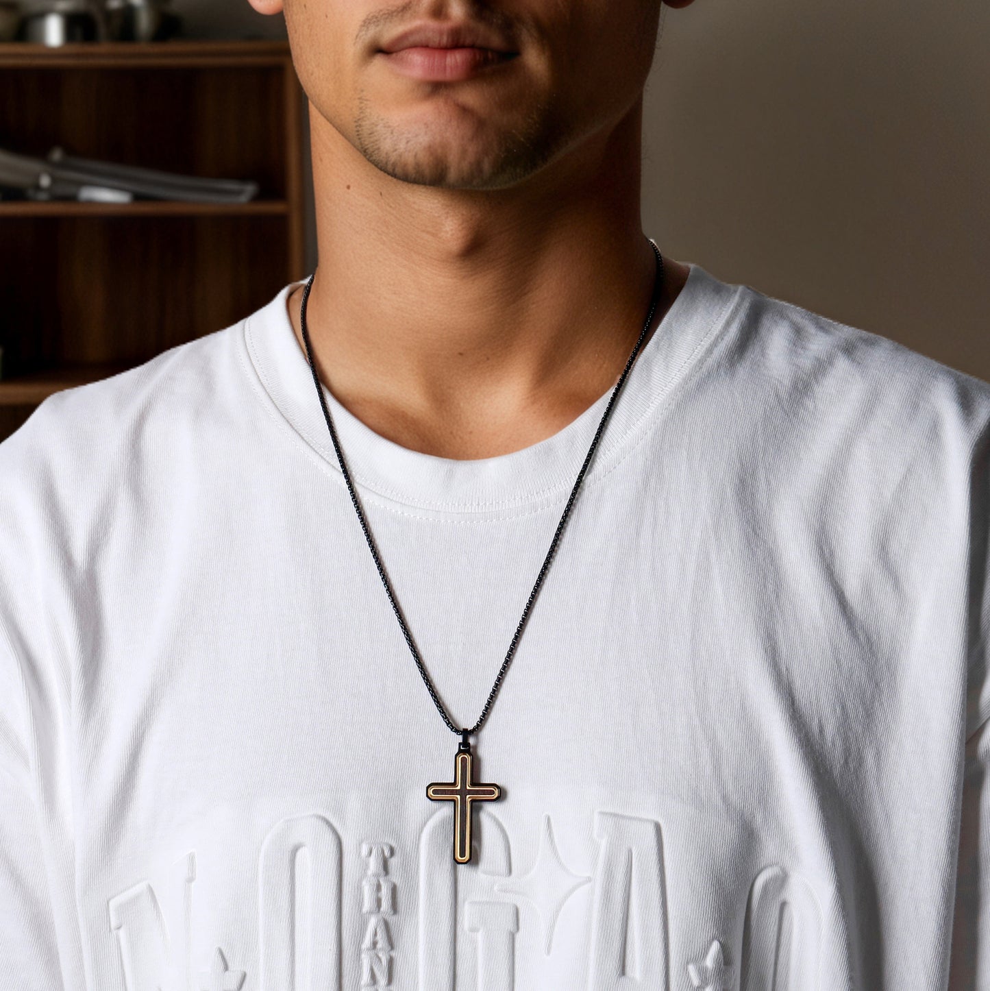 GTMJ Men's Trinity Cross Necklace - 45mm Black & Gold Stainless Steel with Ebony Wood, 24"+2" & 20"+2"Adjustable Box Chain, Luxury Christian Gift Set