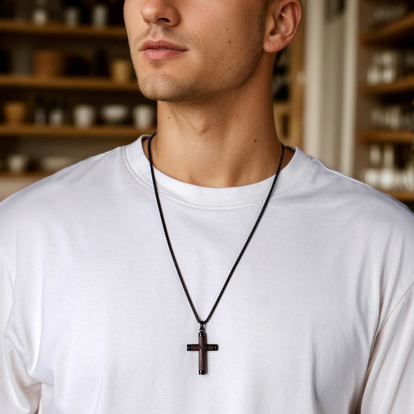 GTMJ Men's Cross Pendant Necklace Set - 316L Stainless Steel & Natural Wood,  24"+2" & 20"+2" Adjustable Box Chains, Luxury Gift Box (Ebony/Bubinga/Gold&Steel)