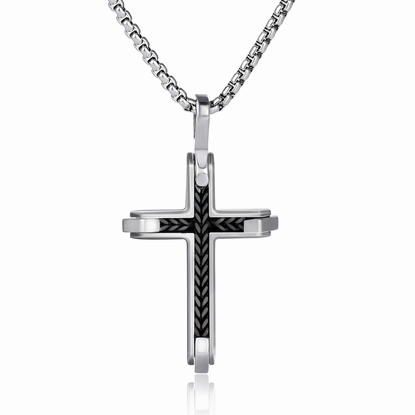 GTMJ Men's 316L Stainless Steel Cross Pendant Necklace - Black Franco Chain Link Inlay, 24"+2" & 20"+2"Adjustable Box Chain, Christian Gift Set