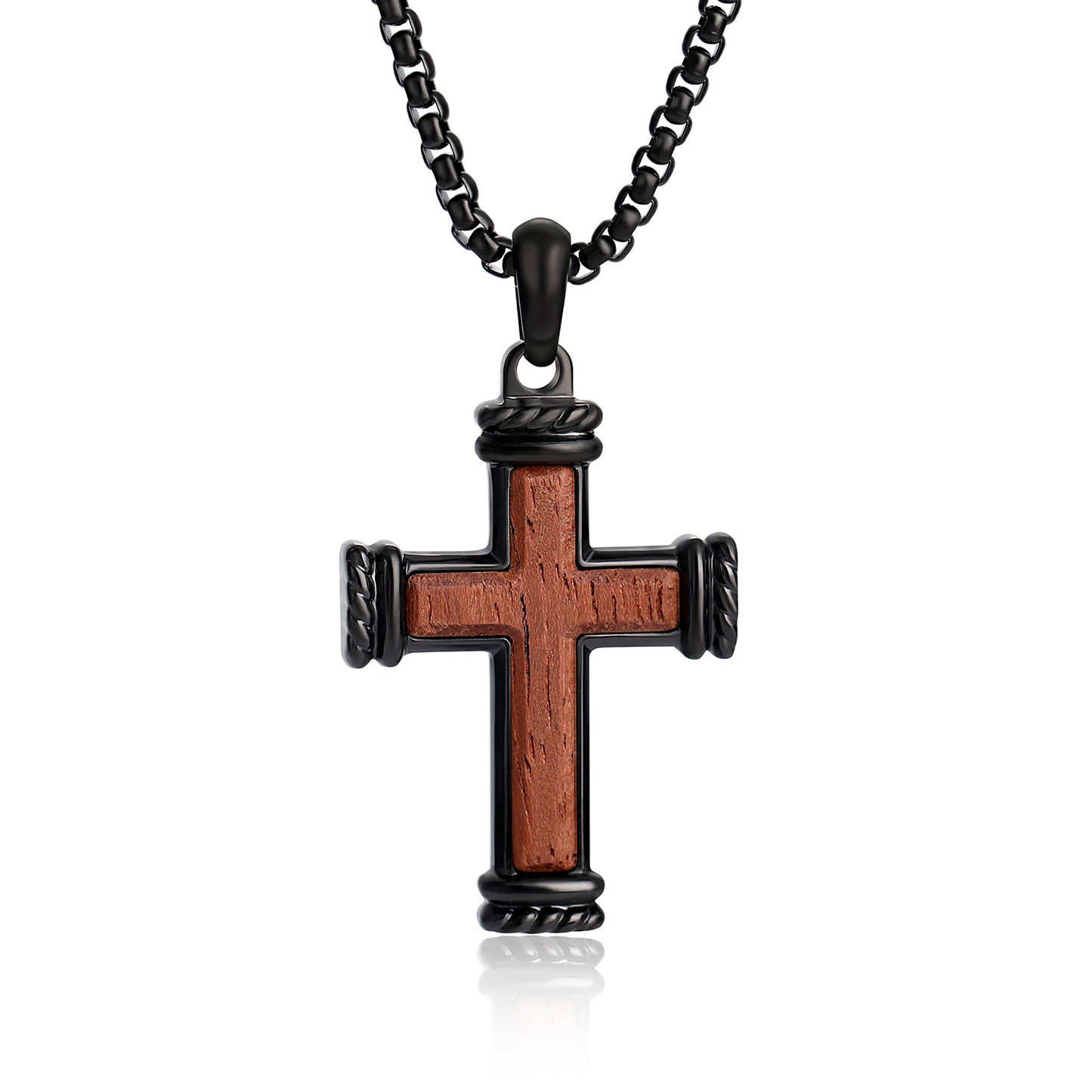 GTMJ Men's 316L Stainless Steel & Bubinga Wood Cross Necklace - 42mm Black Rope Edge, 24"+2" & 20"+2"Adjustable Box Chain, Christian Gift Set
