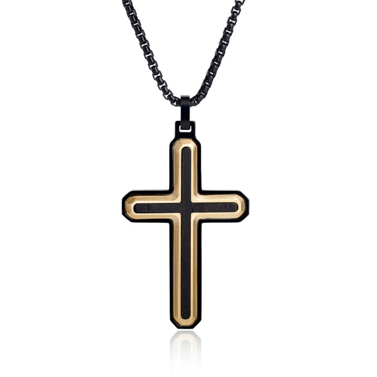GTMJ Men's Trinity Cross Necklace - 45mm Black & Gold Stainless Steel with Ebony Wood, 24"+2" & 20"+2"Adjustable Box Chain, Luxury Christian Gift Set