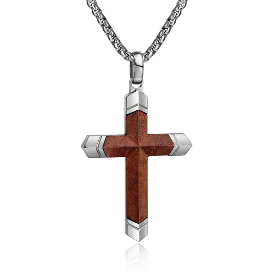 GTMJ Men's Cross Pendant Necklace Set - 316L Stainless Steel & Natural Wood, 24"+2" & 20"+2" Adjustable Box Chains, Luxury Gift Box (Ebony/Bubinga/Antique Black)