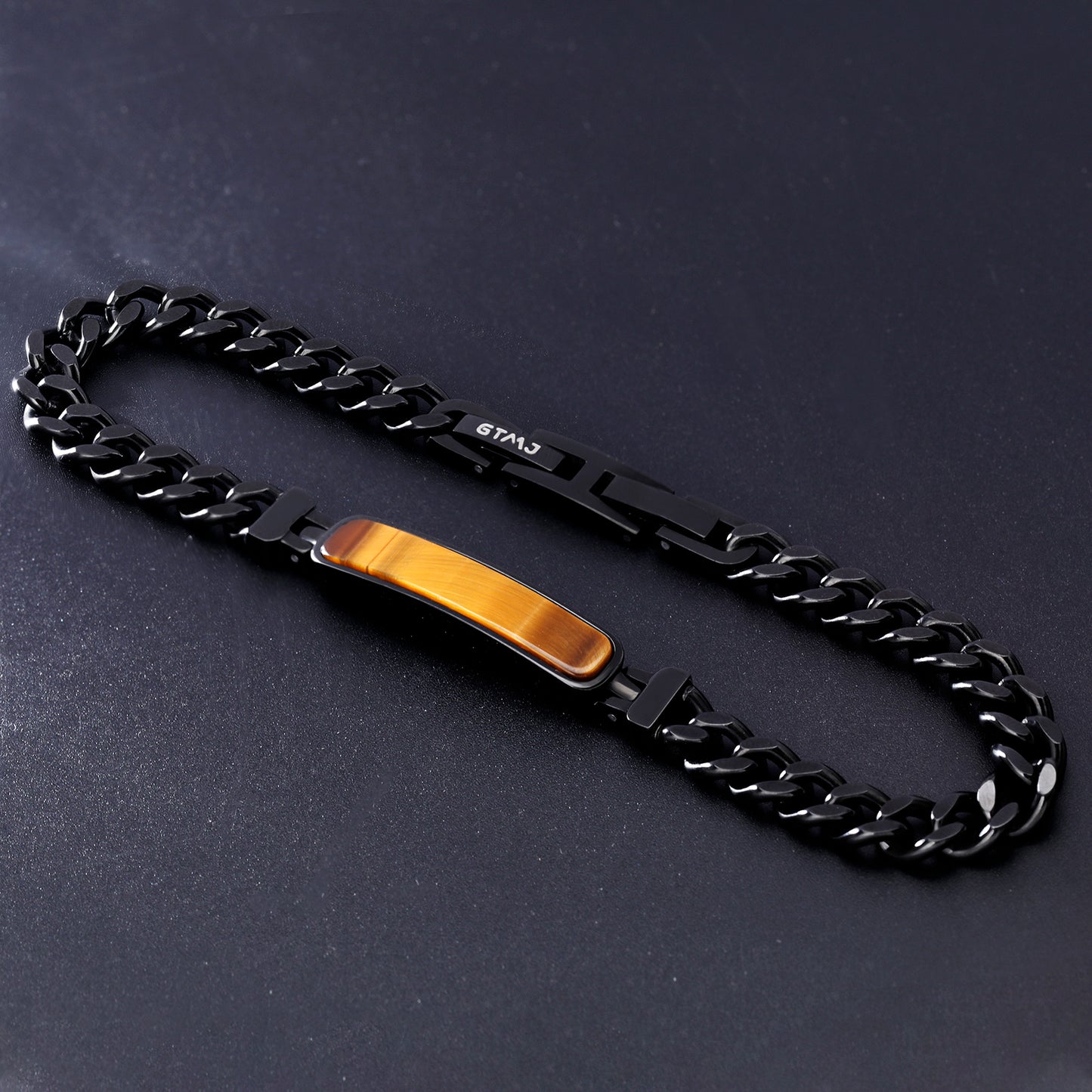 Black Stainless Steel Cuban Chain Bracelet with Tiger's Eye Stone