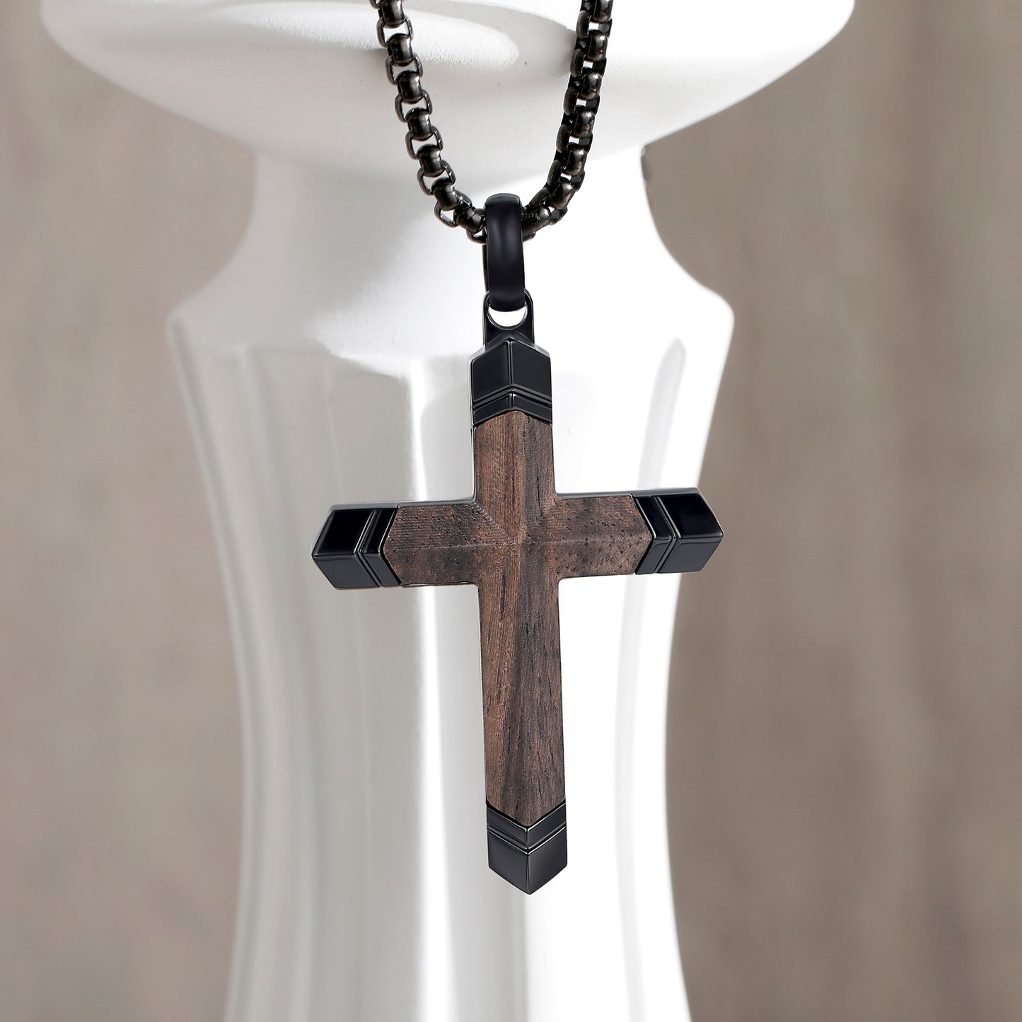 GTMJ Wooden Cross Necklace for Men -Black Ebony Stainless Steel Adjustable Box Chain 24-26in, Spiritual Jewelry Gift for Him, Everyday Wear